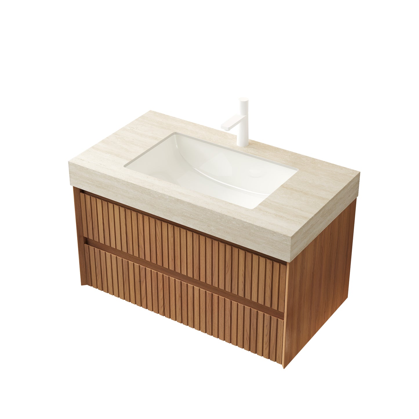 TILLEY 30" Bathroom Vanity&Sink, Floating Striped Plywood Storage Cabinet with 2 Drawers,Travertine-Pattern Sintered Stone Top