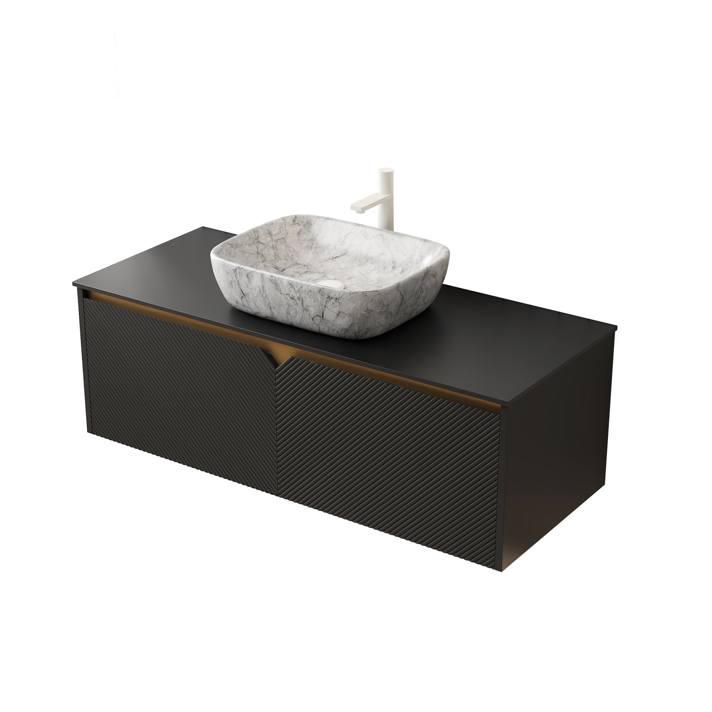 RUBEN 48" Bathroom Vanity&Sink, Wall-Mounted Floating Plywood Storage Cabinet,Black,Marble Pattern Rectangle Ceramic Vessel Basin