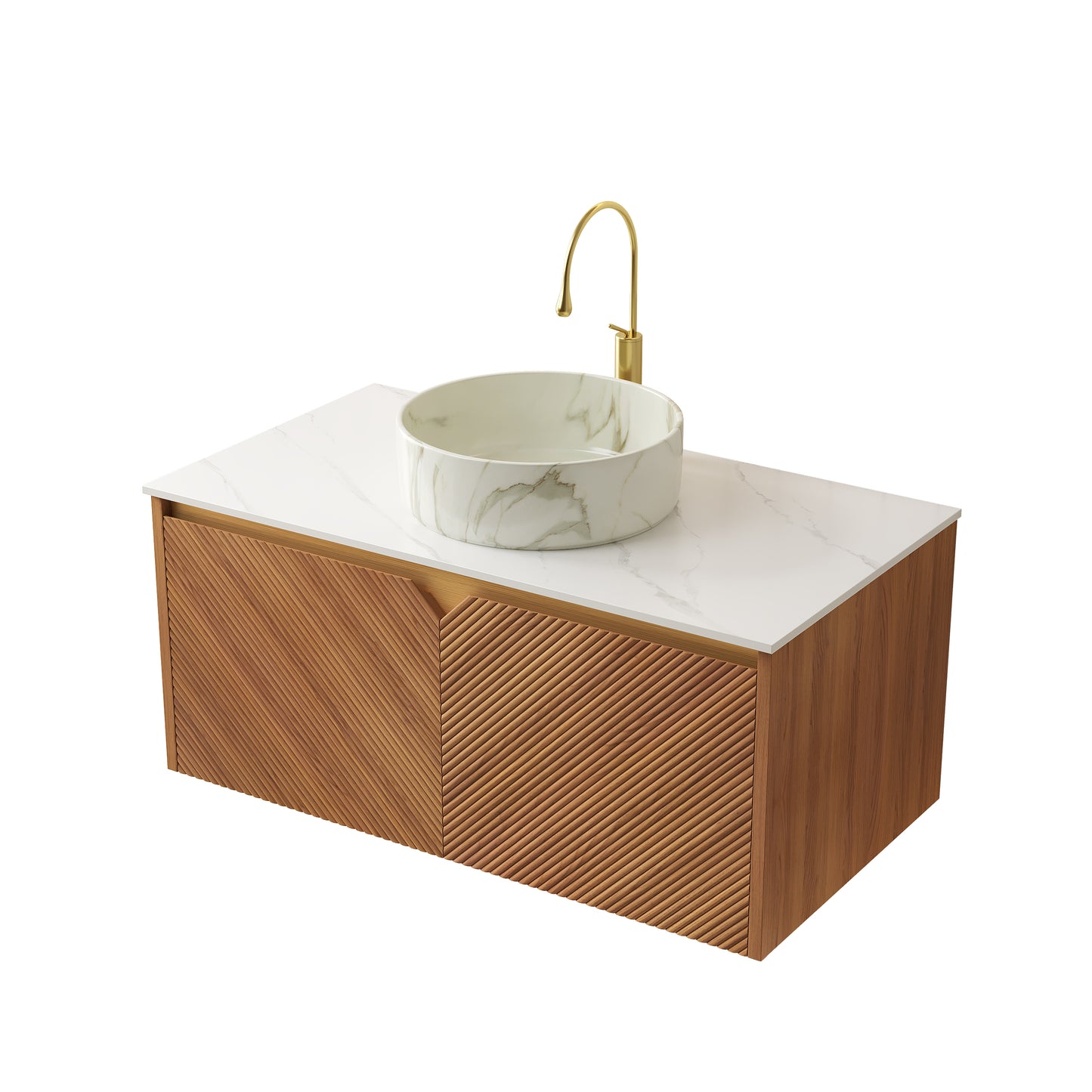 RUBEN 48" Bathroom Vanity&Sink, Floating Plywood Storage Cabinet,  Stone Pattern White Round Ceramic Vessel Basin