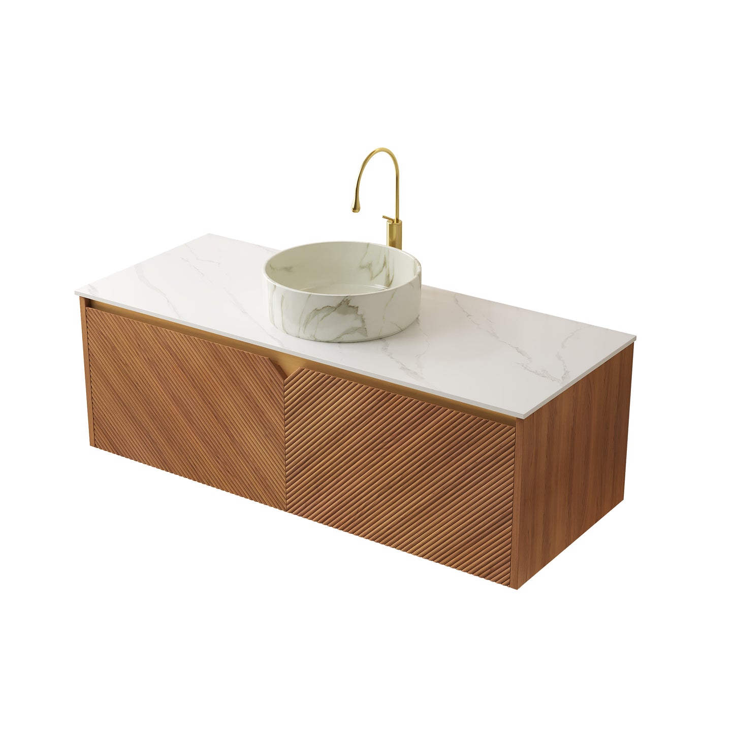 RUBEN 48" Bathroom Vanity&Sink, Floating Plywood Storage Cabinet,  Stone Pattern White Round Ceramic Vessel Basin