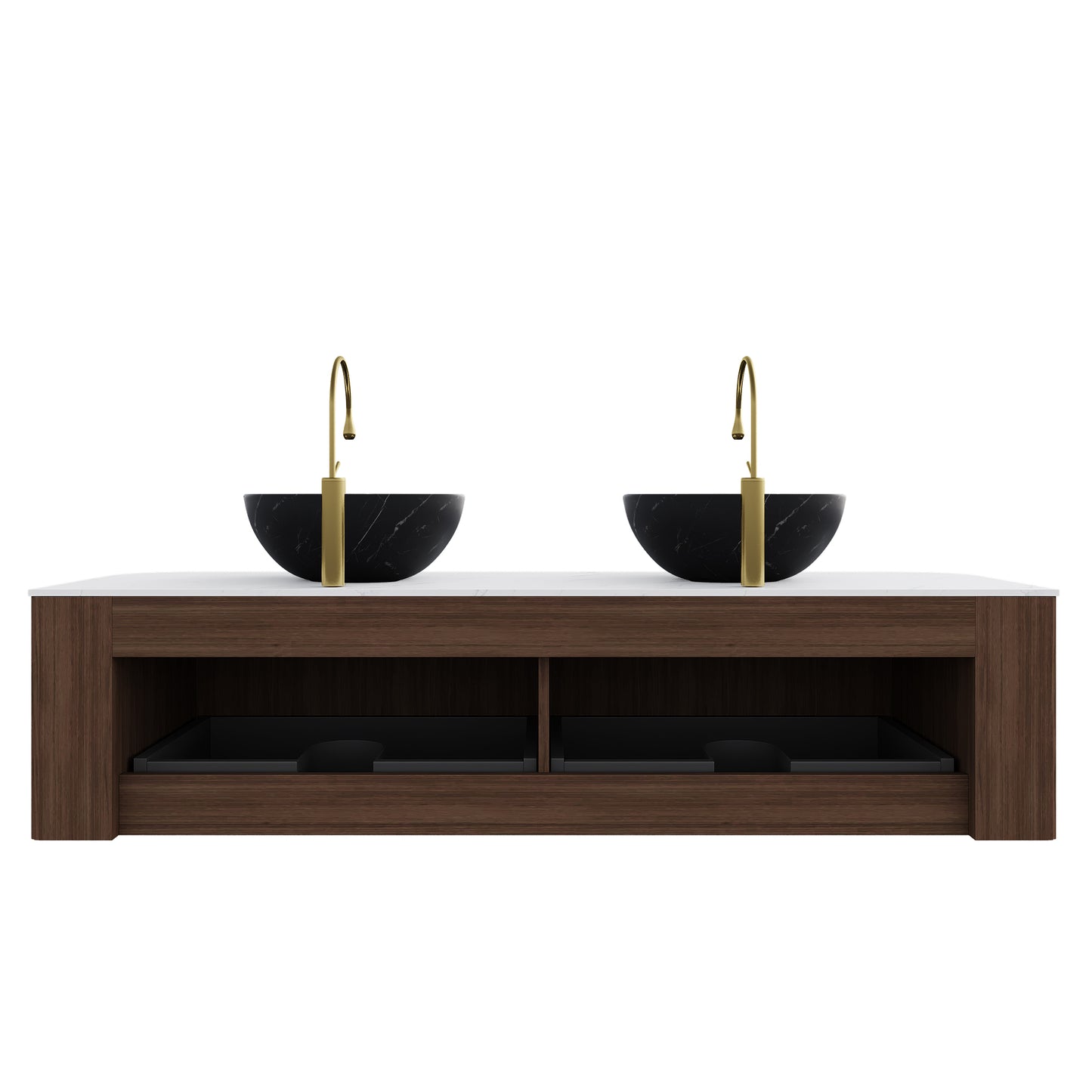 DINA 24" Bathroom Vanity&Sink, Floating Curved Edges Striped Storage Cabinet with Drawer, Stone Black Round Ceramic Basin&Carrara White Sintered Stone Top, Pre-assembled, Dark Walnut Woodgrain Color