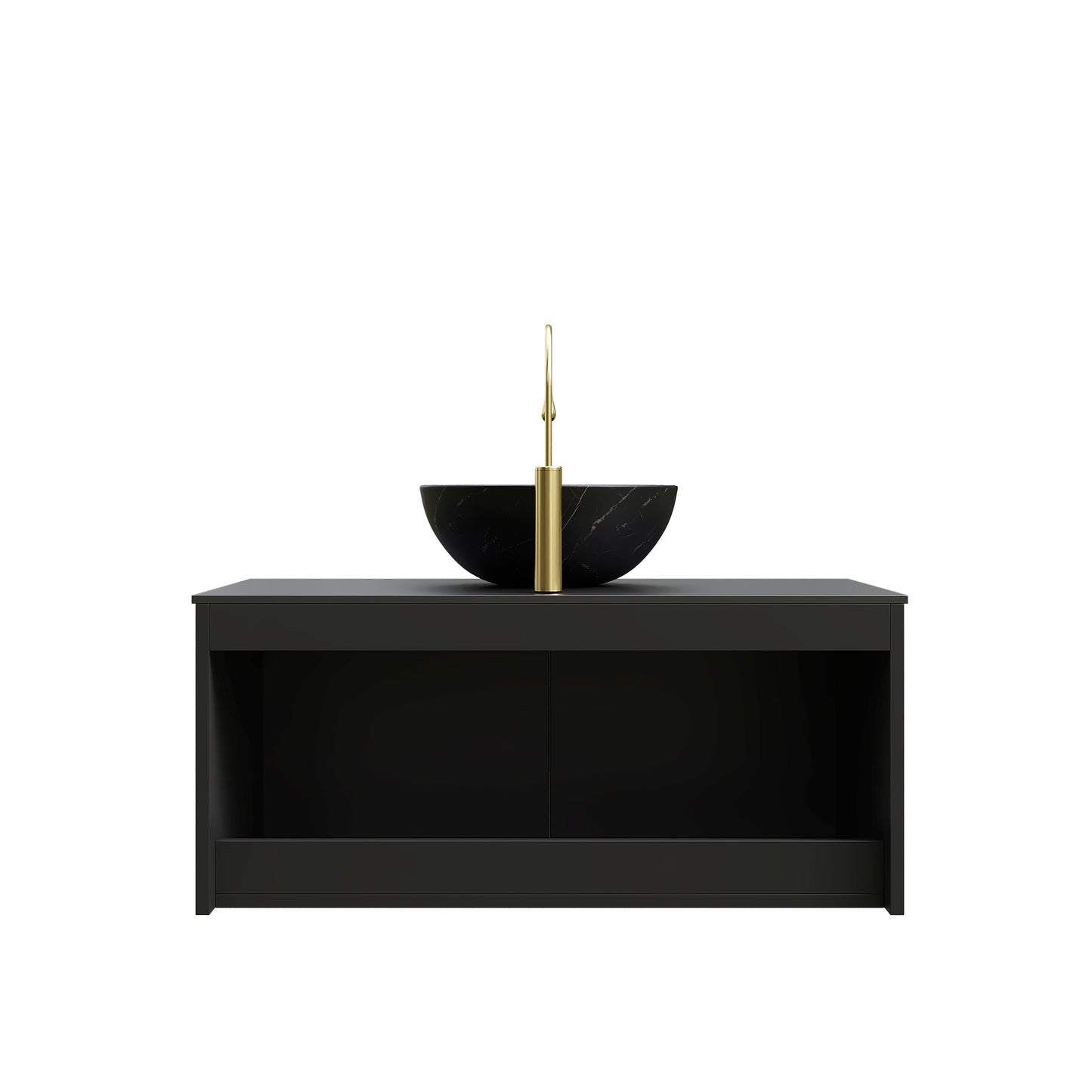 RUBEN 36" Bathroom Vanity&Sink, Wall-Mounted Floating Plywood Storage Cabinet, Twill Double Doors with Metal Trim, Transparent Black Round Glass Basin&Black Sintered Stone Top, Black