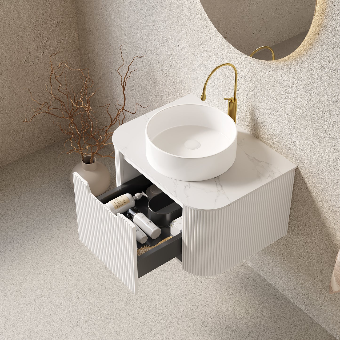 DINA 24" Bathroom Vanity&Sink, Floating Curved Edges Striped Plywood Storage Bathroom Cabinet with Drawer, White Round Ceramic Basin& Carrara White Sintered Stone Top, Pre-assembled, White (New SKU)