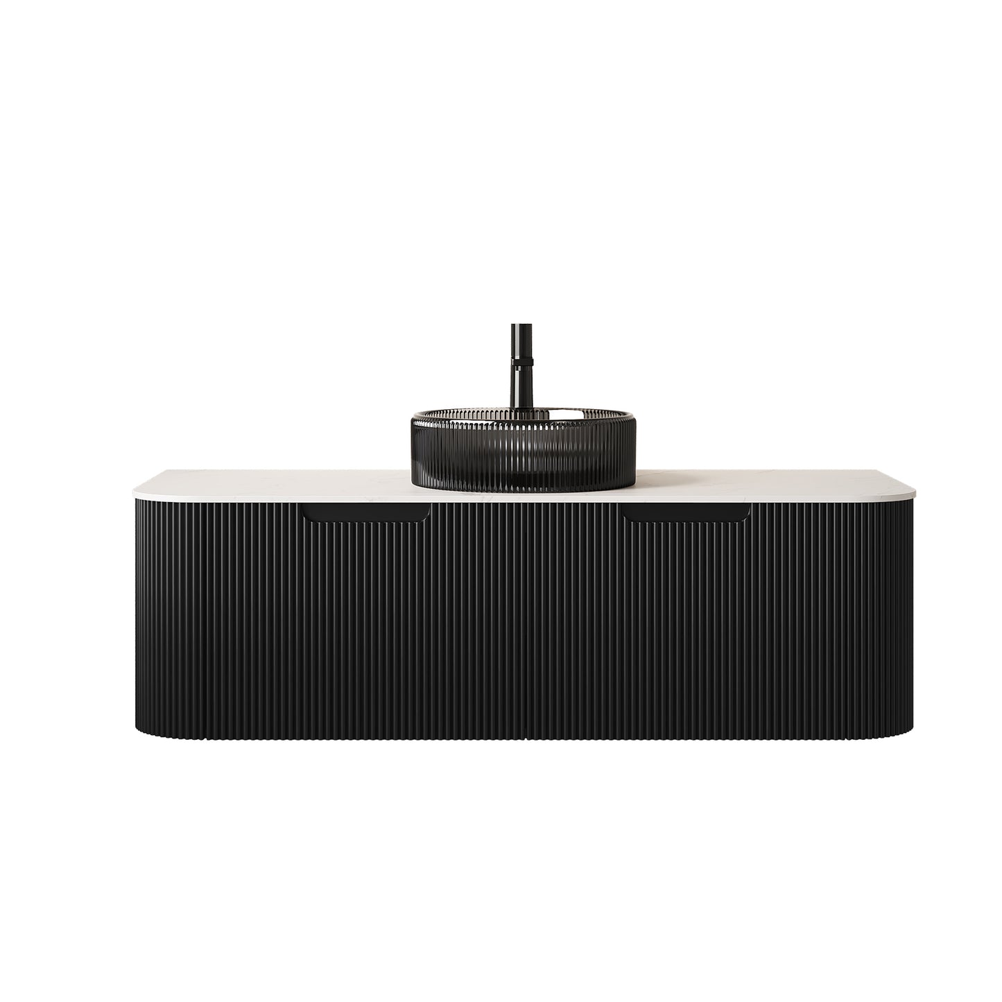 DINA 24" Bathroom Vanity with Sink, Wall-Mounted Curved Edges Striped Storage Cabinet with Drawer, Transparent Black Round Glass Basin and Countertop, Pre-assembled, Black Color