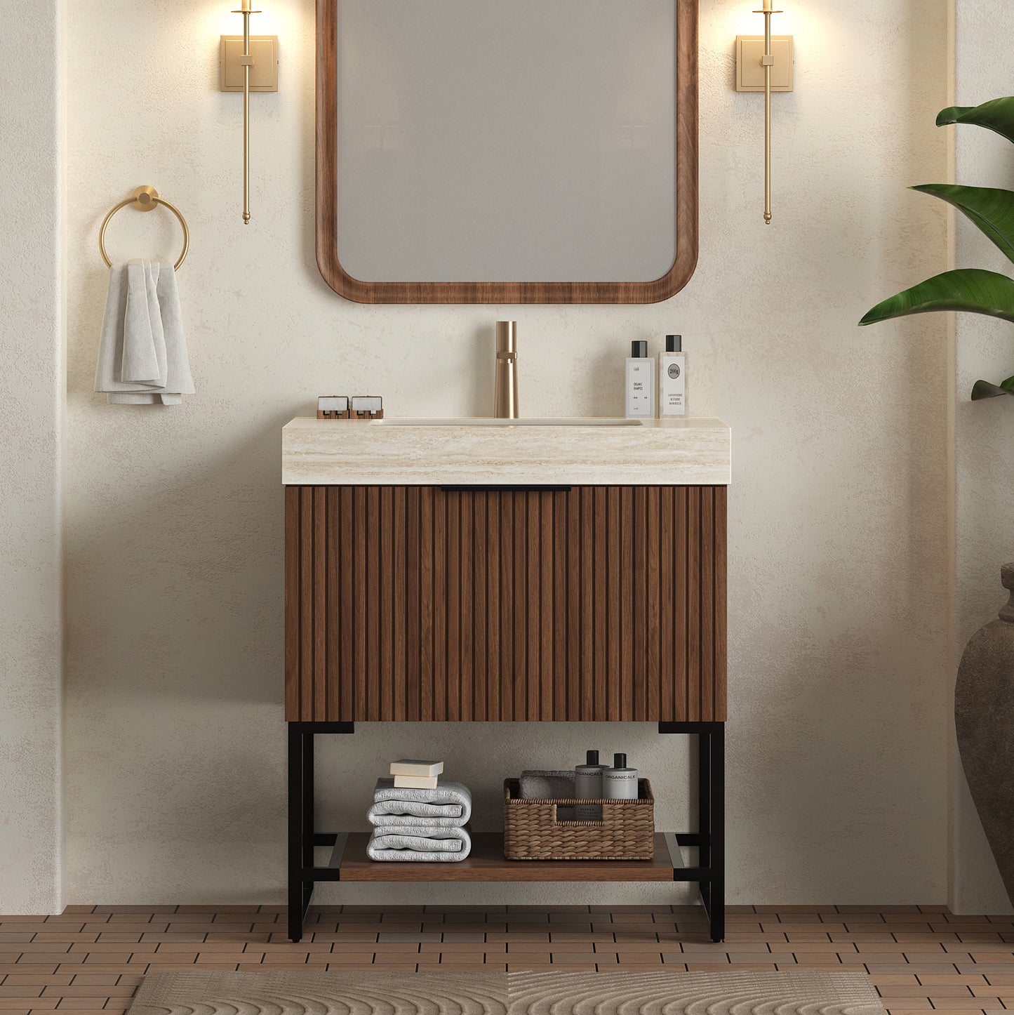 YOLAN 30" Bathroom Vanity&Sink, Freestanding Striped Plywood Storage Cabinet with Drawer&Open Shelf, Roma Travertine Sintered Stone Top&Undermount Ceramic Basin, Pre-assembled, Dark Walnut Woodgrain