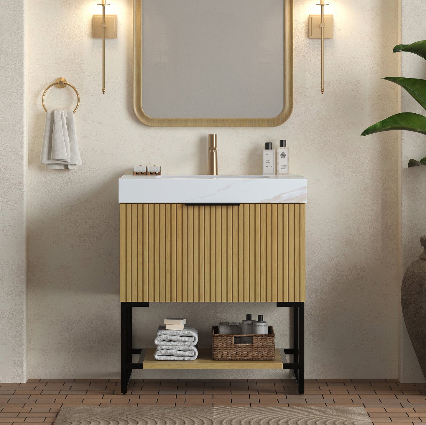 YOLAN 30" Bathroom Vanity&Sink, Freestanding Striped Plywood Storage Cabinet with Drawer&Open Shelf, Roma Travertine Sintered Stone Top&Undermount Ceramic Basin, Pre-assembled, Dark Walnut Woodgrain