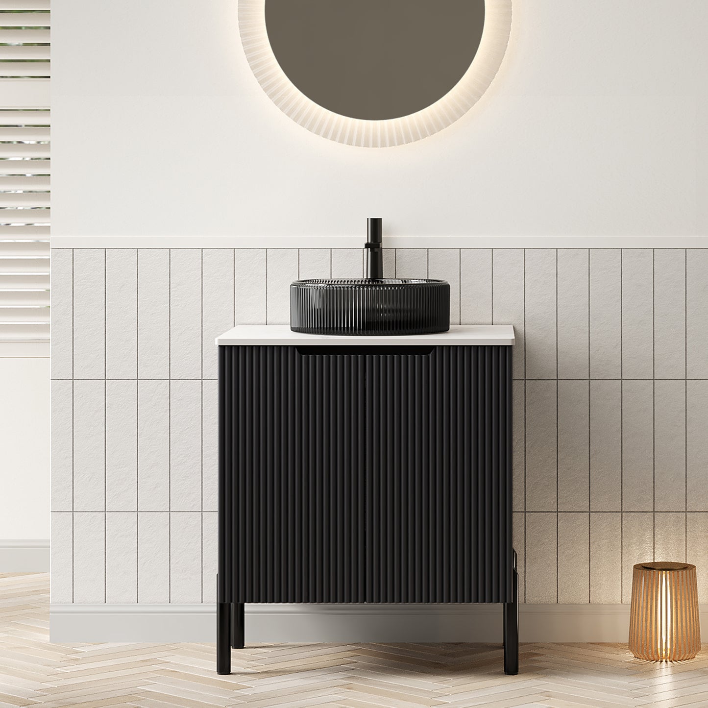 TURIO 24" Bathroom Vanity with Sink, Freestanding Bathroom Storage Cabinet with 2 Doors, Transparent Black Round Glass Basin and Carrara White Sintered Stone Countertop, No Faucet, Black Color