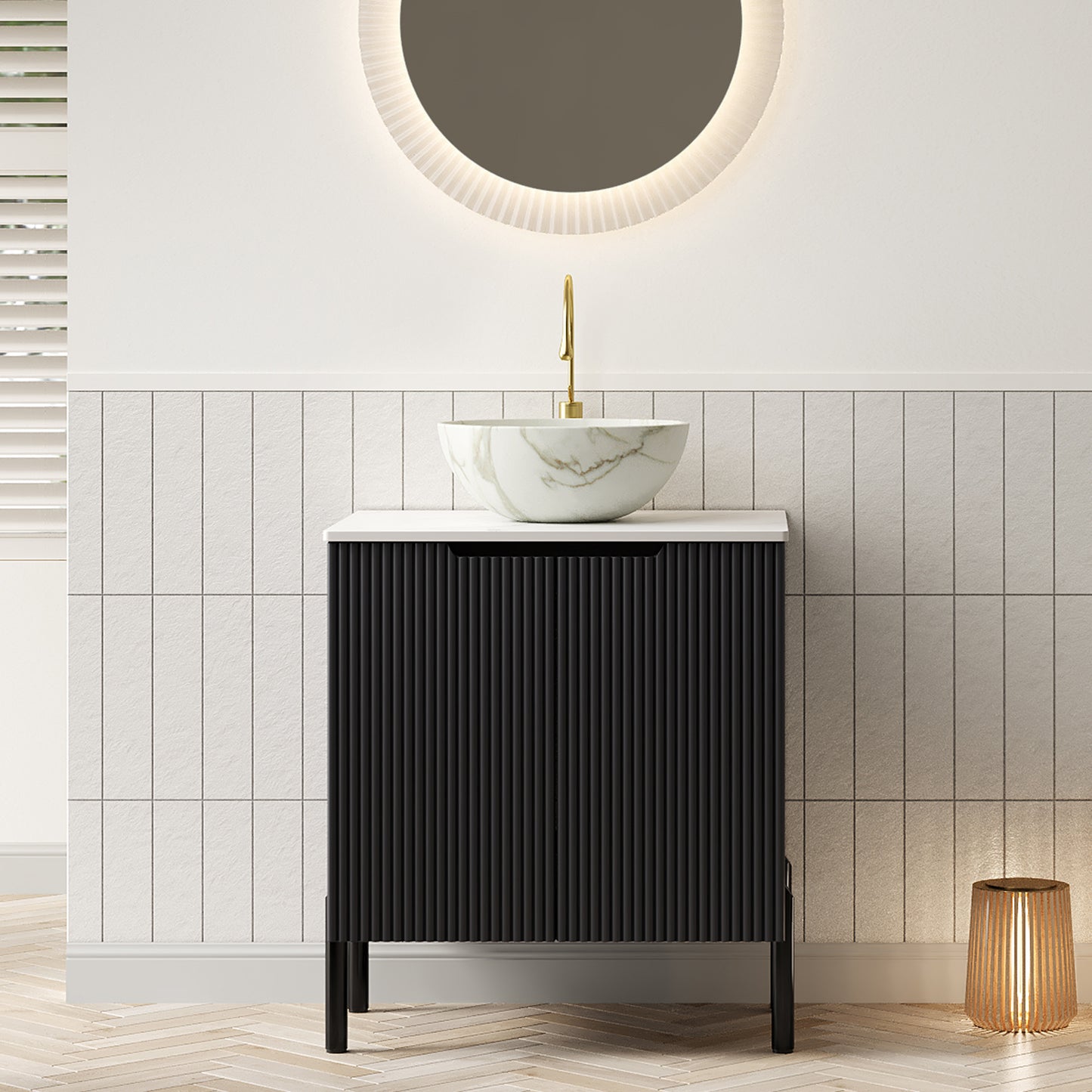 TURIO 24" Bathroom Vanity with Sink, Freestanding Bathroom Storage Cabinet with 2 Doors, Transparent Black Round Glass Basin and Carrara White Sintered Stone Countertop, No Faucet, Black Color