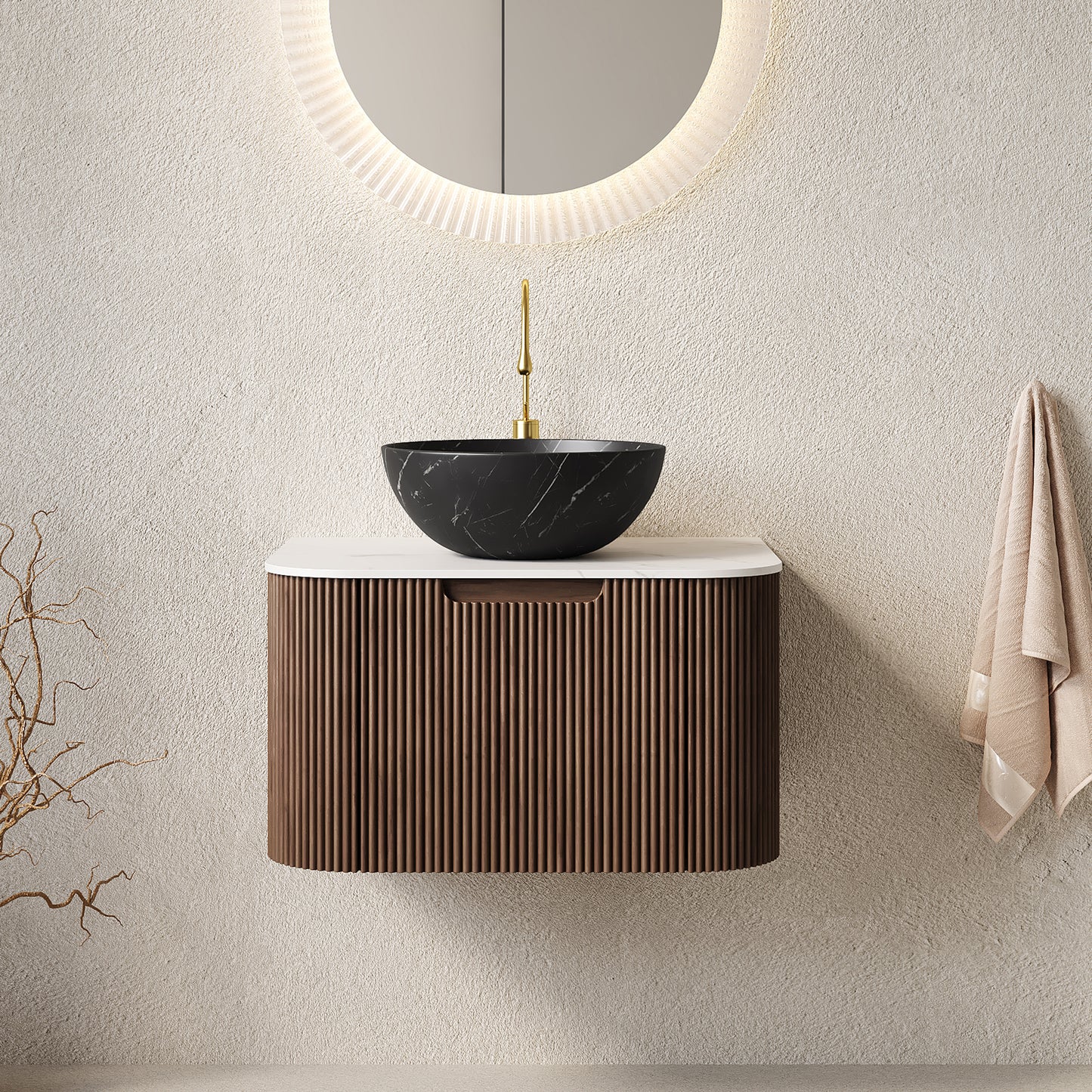 DINA 24" Bathroom Vanity&Sink, Floating Curved Edges Striped Storage Cabinet with Drawer, Stone Black Round Ceramic Basin&Carrara White Sintered Stone Top, Pre-assembled, Dark Walnut Woodgrain Color