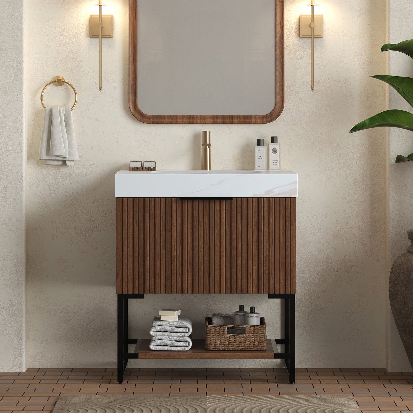 YOLAN 30" Bathroom Vanity&Sink, Freestanding Striped Plywood Storage Cabinet with Drawer&Open Shelf, Roma Travertine Sintered Stone Top&Undermount Ceramic Basin, Pre-assembled, Dark Walnut Woodgrain