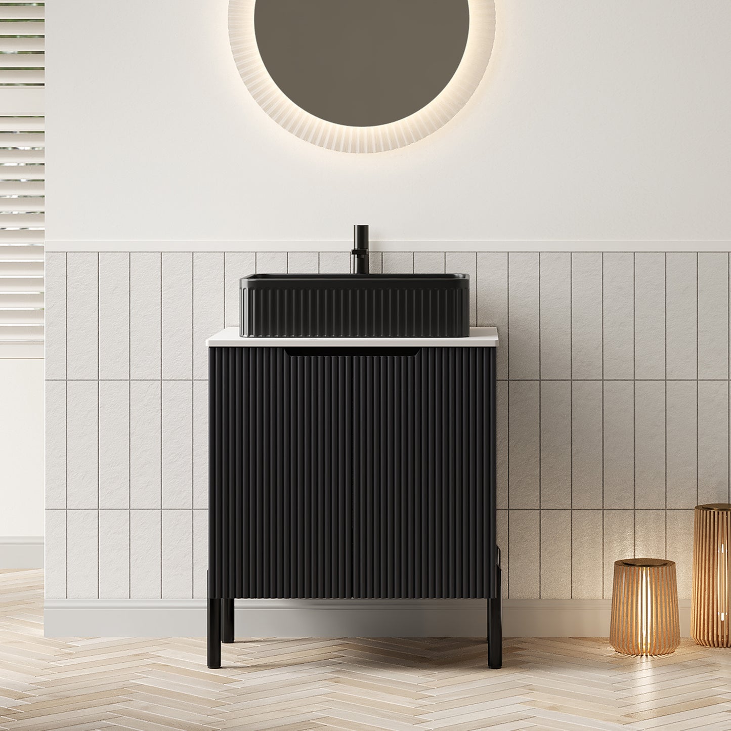 TURIO 24" Bathroom Vanity with Sink, Freestanding Bathroom Storage Cabinet with 2 Doors, Transparent Black Round Glass Basin and Carrara White Sintered Stone Countertop, No Faucet, Black Color