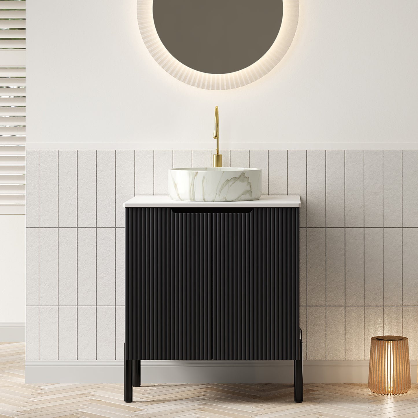 TURIO 24" Bathroom Vanity with Sink, Freestanding Bathroom Storage Cabinet with 2 Doors, Transparent Black Round Glass Basin and Carrara White Sintered Stone Countertop, No Faucet, Black Color