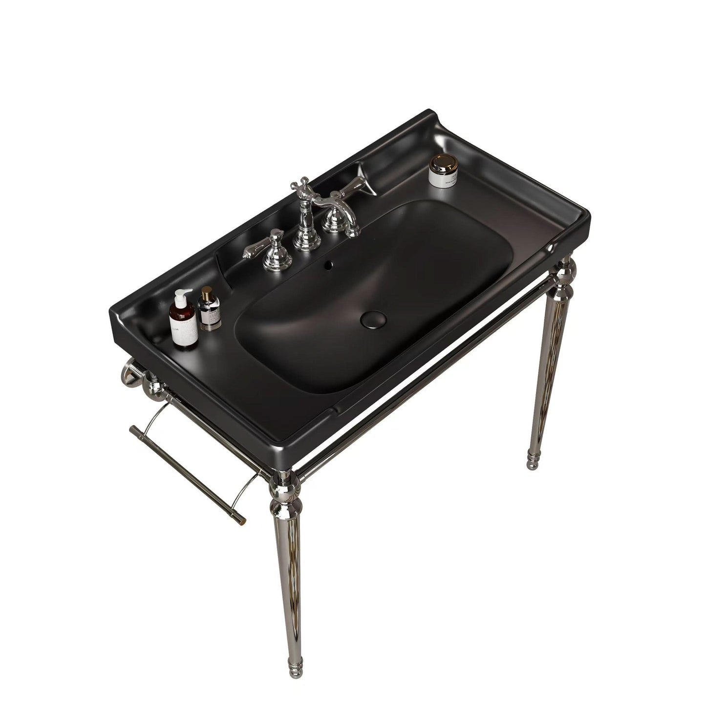 VICI 36" Bathroom Console Sink, Wall-Mounted Black Ceramic Vanity Basin with 3 Pre-drilled Faucet Holes, Freestanding Stainless Steel Support Legs with Towel Bar