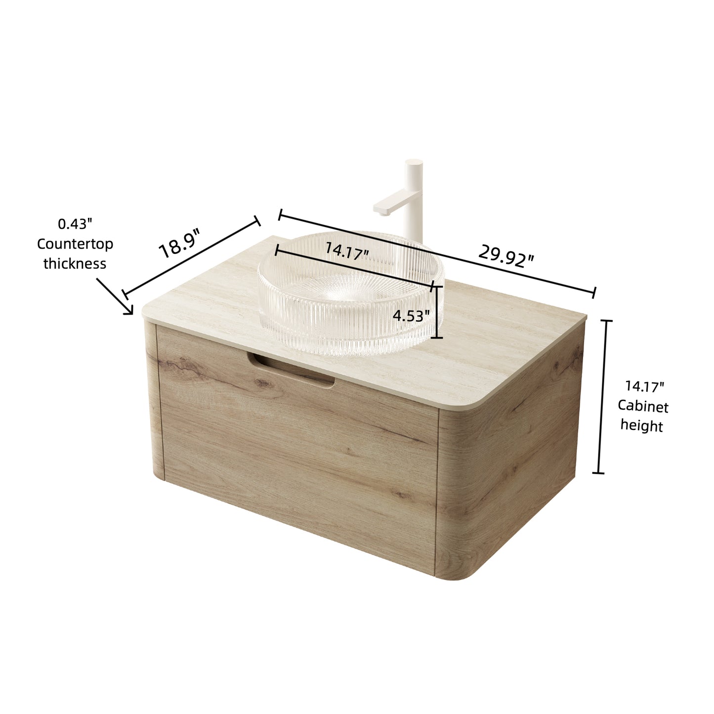 XAI 36" Bathroom Vanity with Sink, Floating Plywood Storage Cabinet with Drawer, Transparent Round Glass Basin
