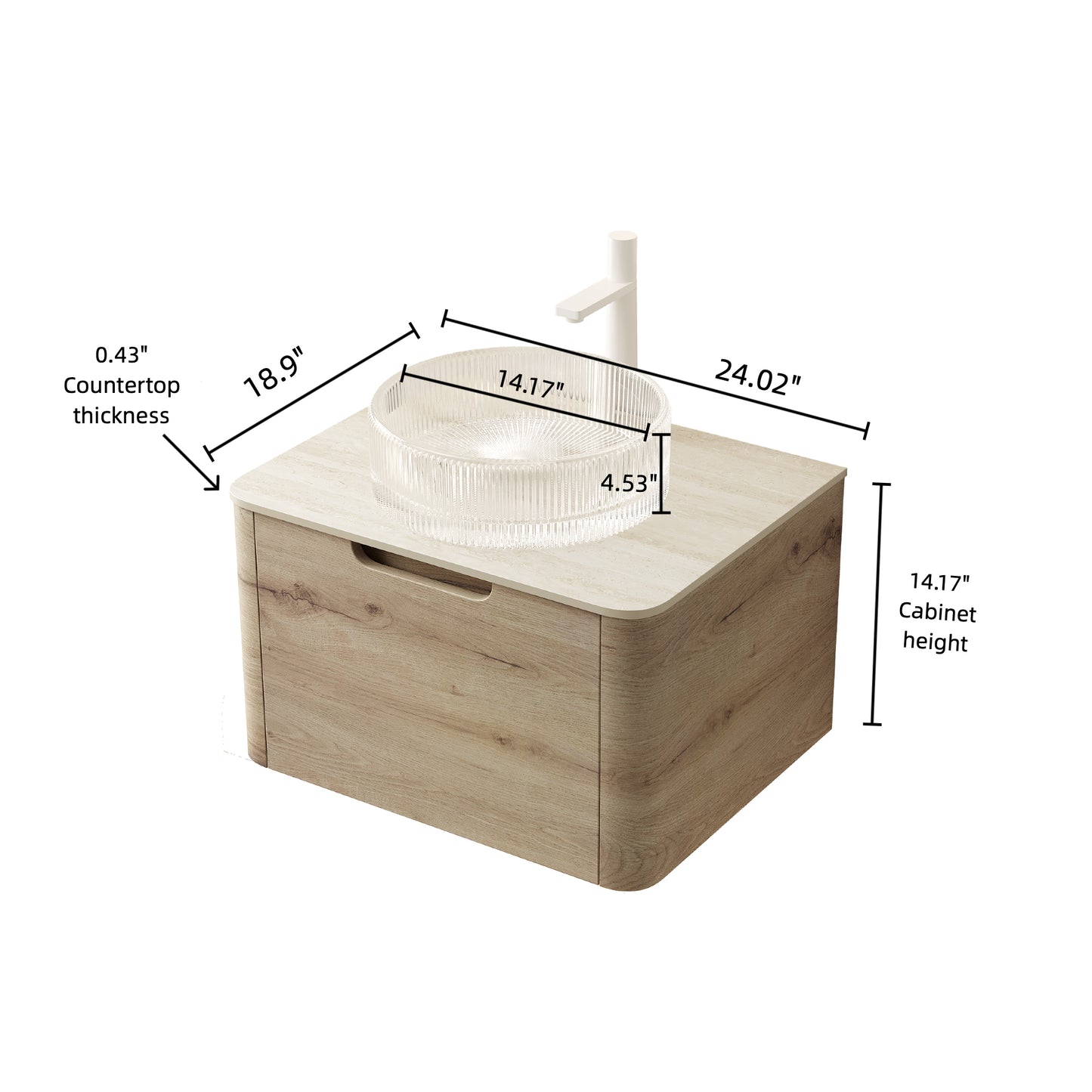 XAI 36" Bathroom Vanity with Sink, Floating Plywood Storage Cabinet with Drawer, Transparent Round Glass Basin