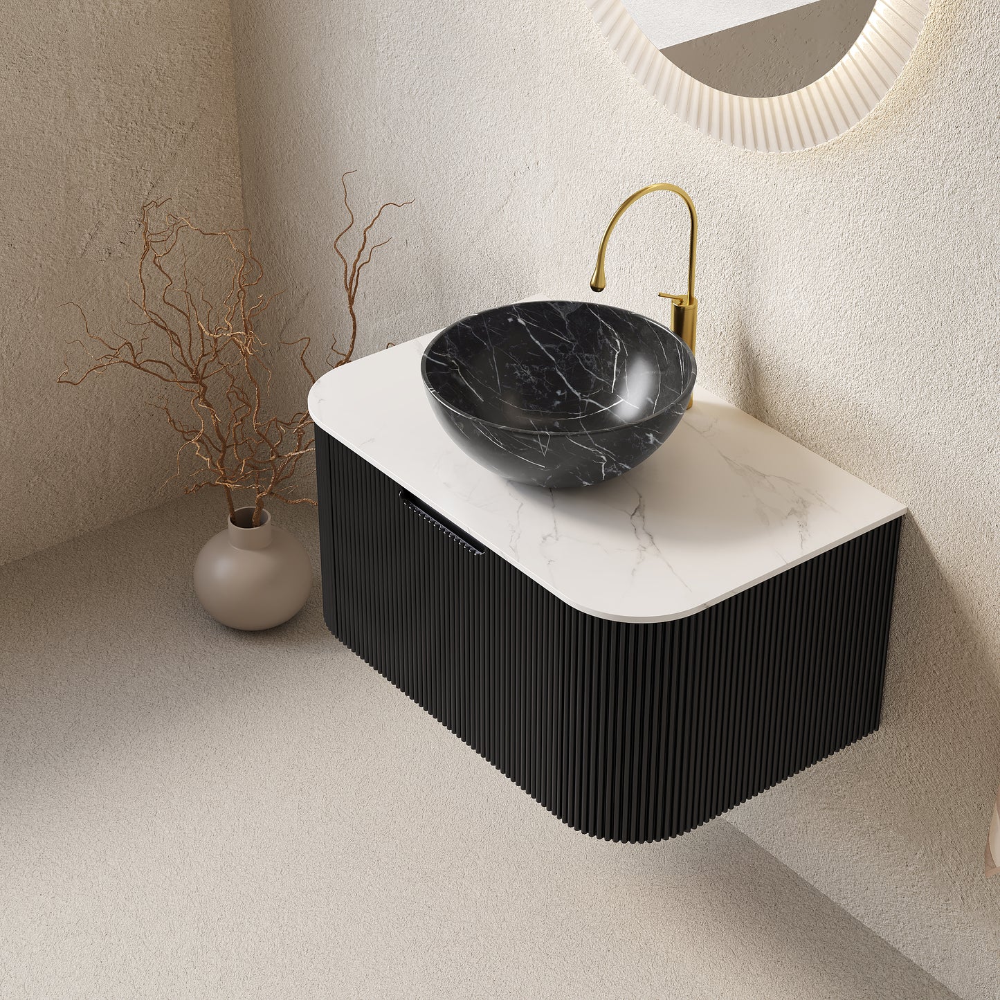 DINA Bathroom Vanity with Sink, Wall-Mounted Curved Edges Striped Storage Cabinet Black Color