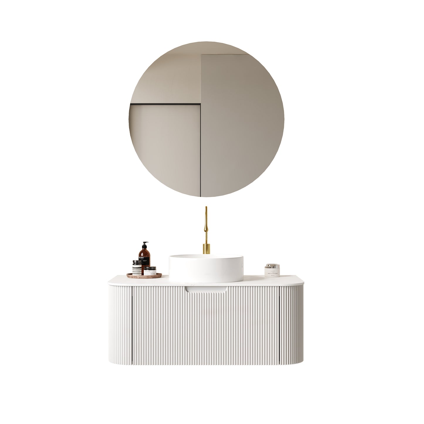 DINA 24" Bathroom Vanity&Sink, Floating Curved Edges Striped Plywood Storage Bathroom Cabinet with Drawer, White Round Ceramic Basin& Carrara White Sintered Stone Top, Pre-assembled, White (New SKU)