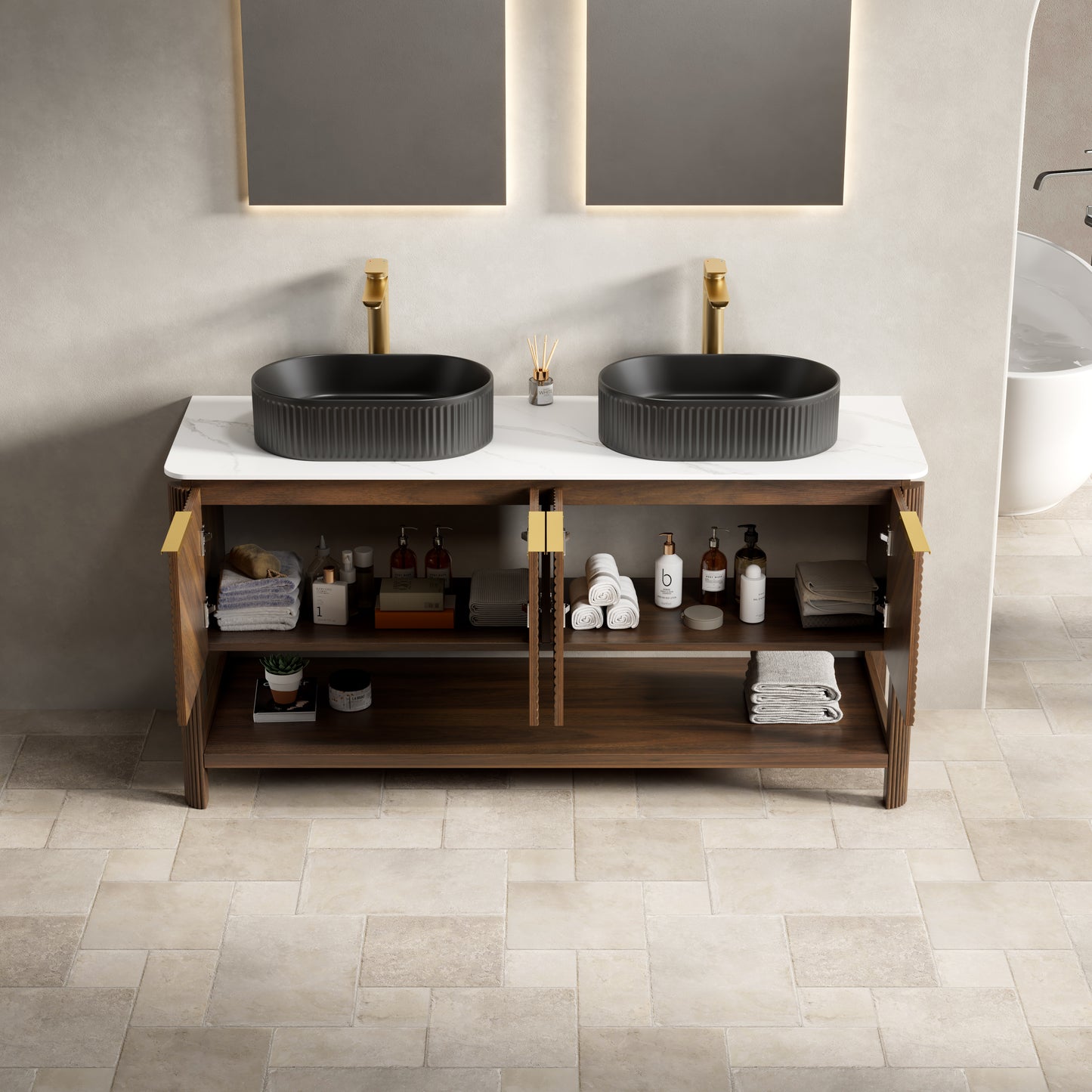 INDIGO 36" Bathroom Vanity&Sink, Freestanding Plywood Storage Cabinet with 2 Diagonal Striped Doors&Open Shelf, Black Striped Oval Ceramic Basin&Carrara White Sintered Stone Top, Dark Walnut Woodgrain