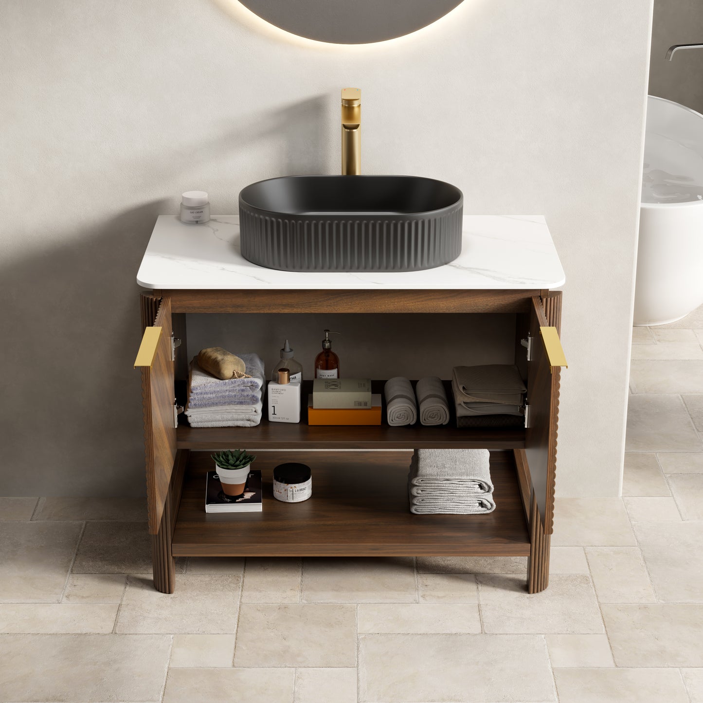INDIGO 36" Bathroom Vanity&Sink, Freestanding Plywood Storage Cabinet with 2 Diagonal Striped Doors&Open Shelf, Black Striped Oval Ceramic Basin&Carrara White Sintered Stone Top, Dark Walnut Woodgrain