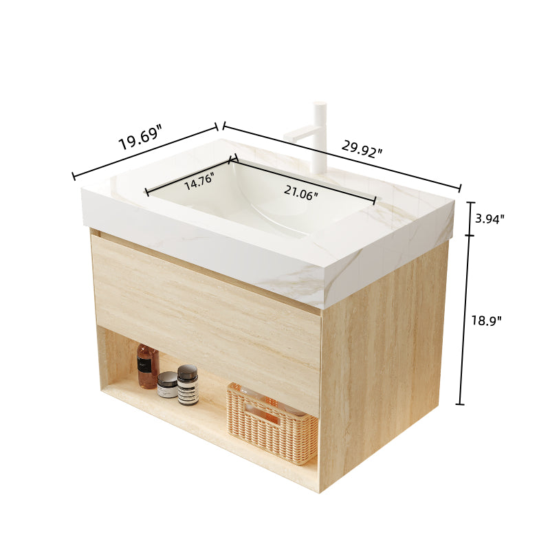 FRIGGA 30" Badezimmer-Waschtisch und Waschbecken, schwebender Sperrholz-Aufbewahrungsschrank, Schublade und Regal mit Sensorlicht