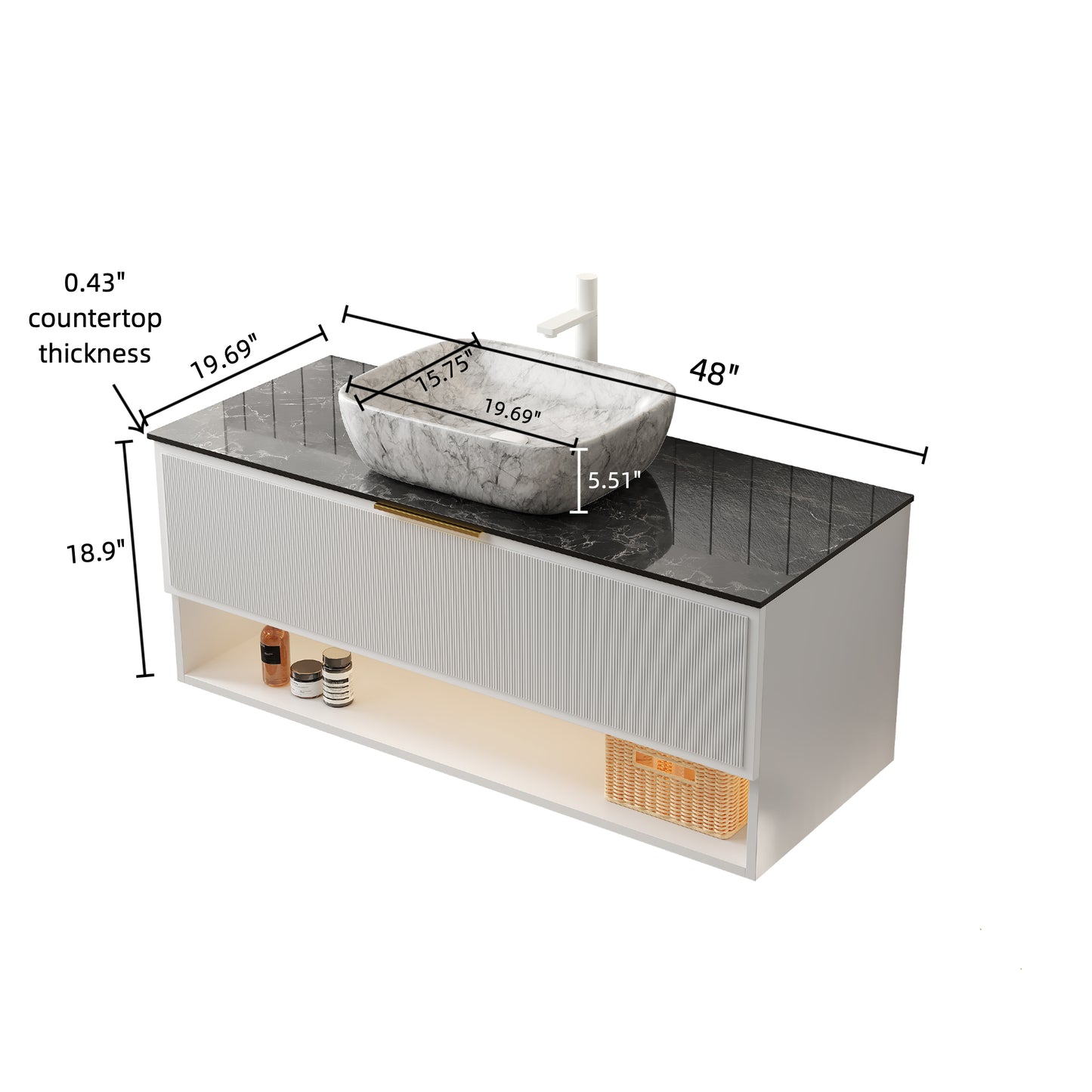 MALONE 48" Badezimmer-Waschtisch mit Waschbecken, schwebender Sperrholz-Aufbewahrungsschrank