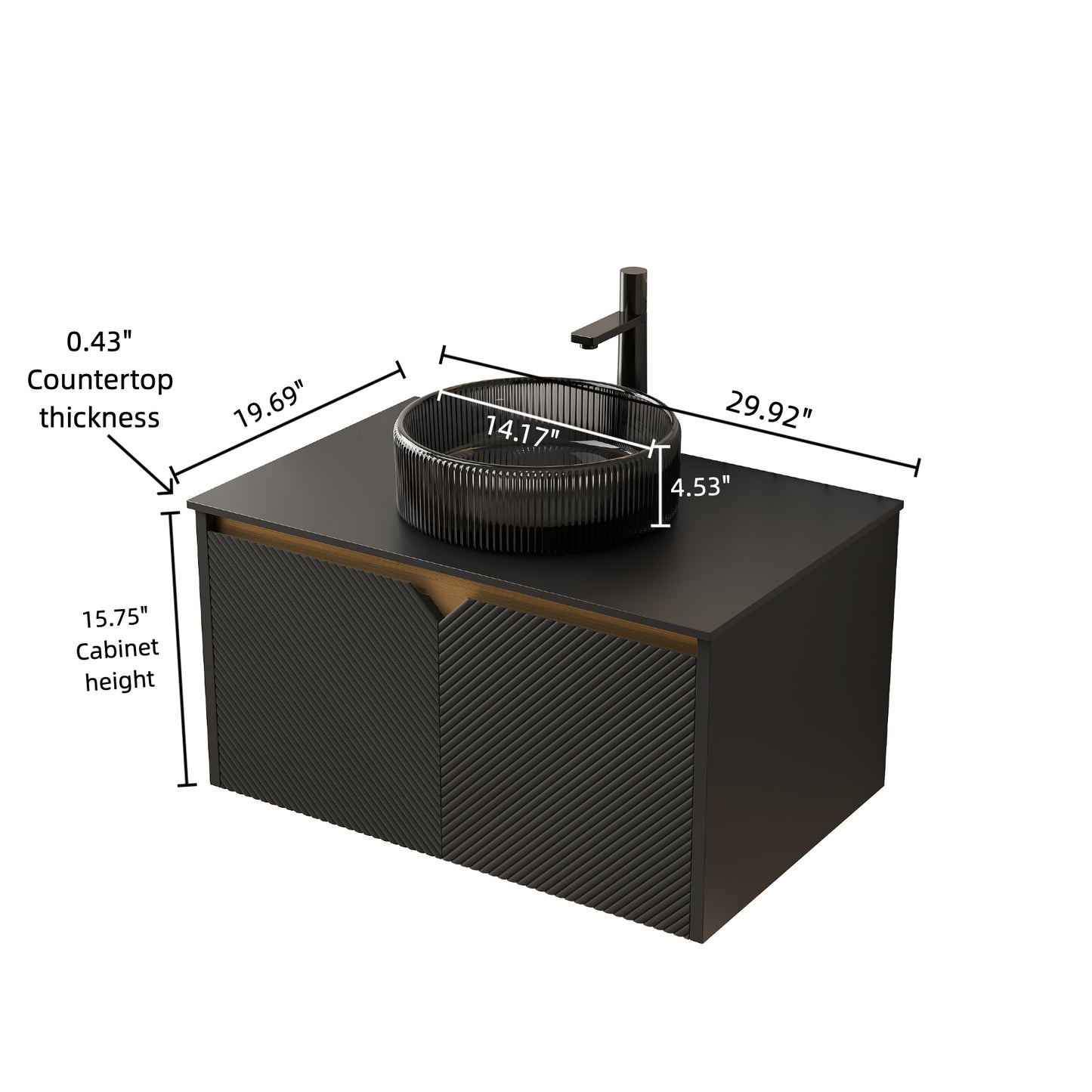 RUBEN 48" Bathroom Vanity with Sink, Wall-Mounted Floating Plywood Storage Cabinet, Black , Transparent Black Round Glass Basin