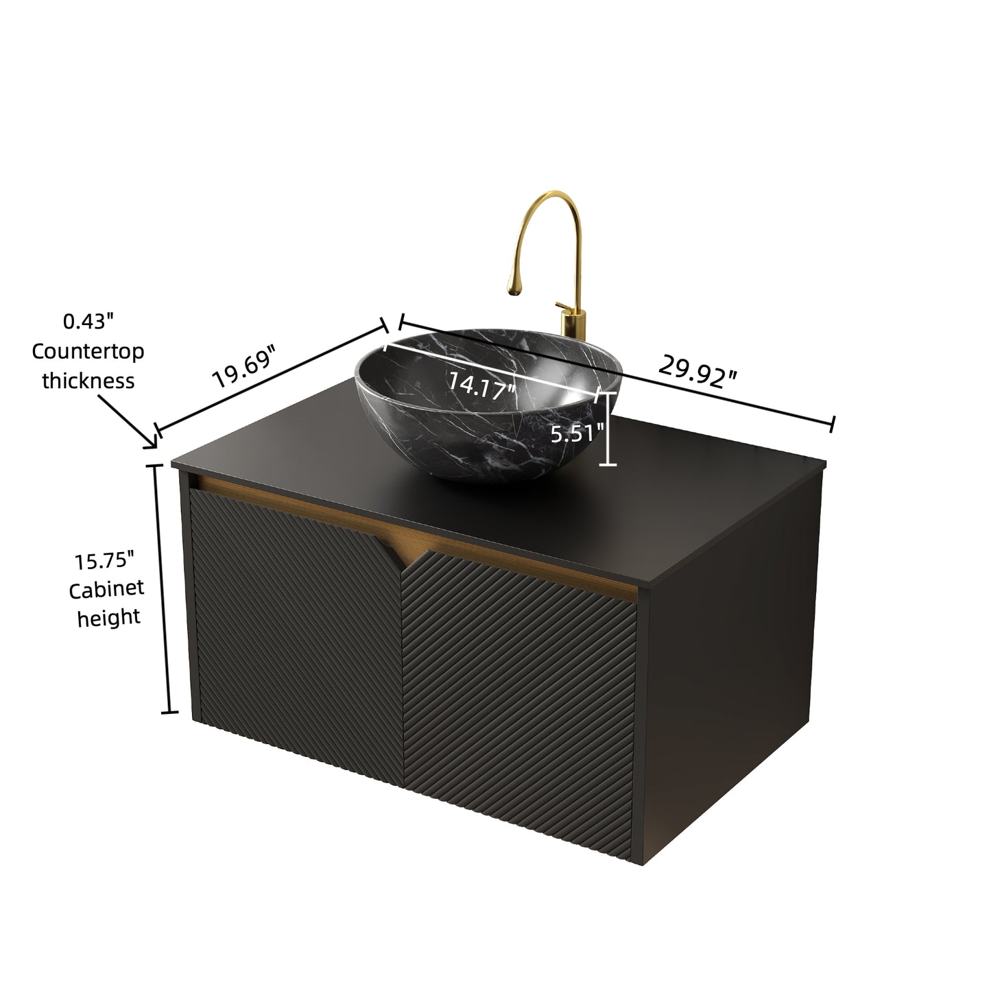 RUBEN 48" Bathroom Vanity&Sink, Wall-Mounted Floating Plywood Storage Cabinet, Black,Black Bowl Ceramic Vessel Basin