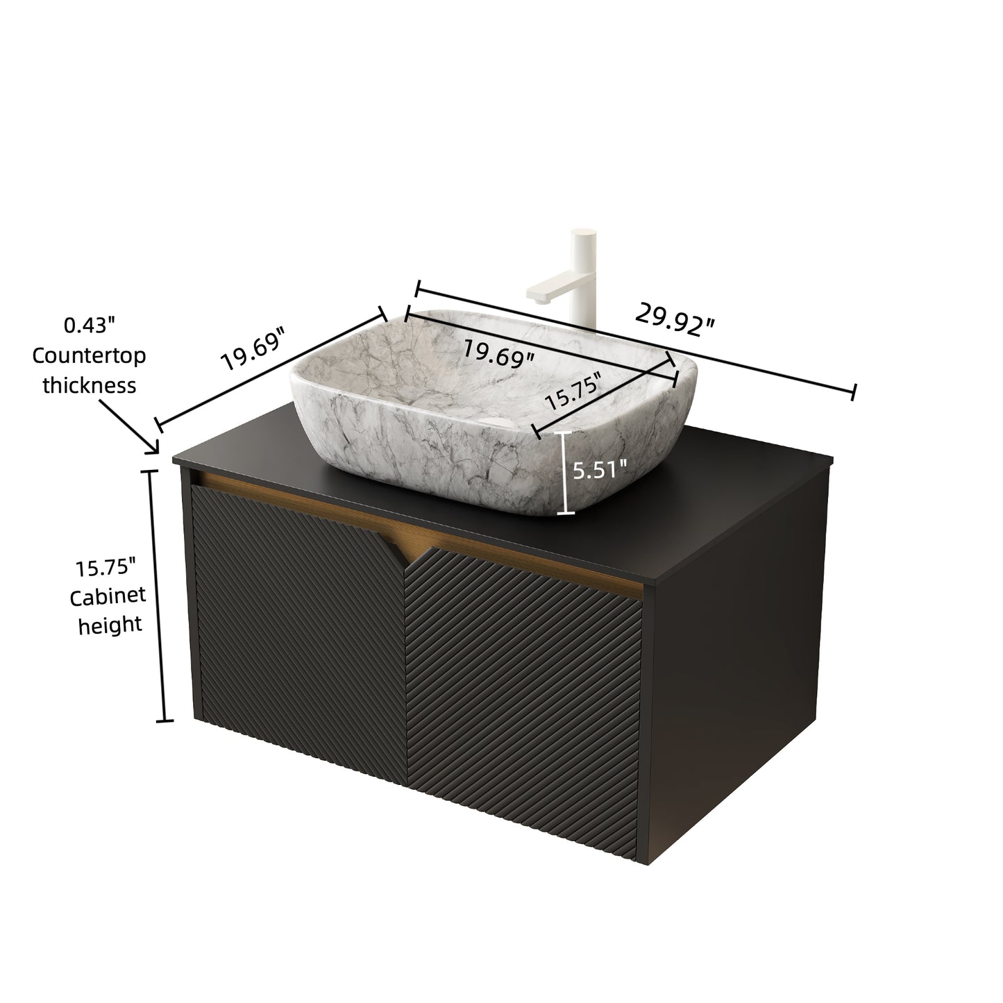 RUBEN 48" Bathroom Vanity&Sink, Wall-Mounted Floating Plywood Storage Cabinet,Black,Marble Pattern Rectangle Ceramic Vessel Basin