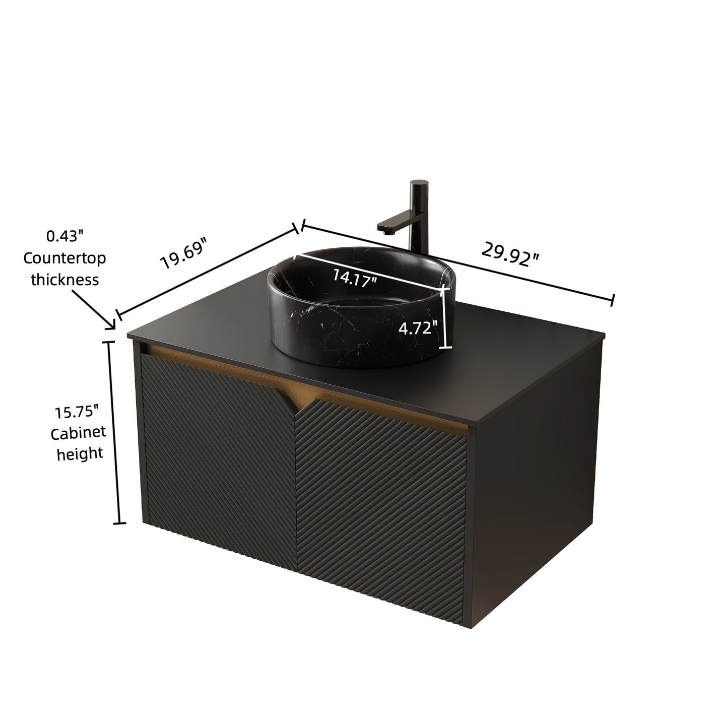 RUBEN 30" Bathroom Vanity&Sink, Wall-Mounted Floating Plywood Storage Cabinet, Black, Black Round Ceramic Vessel Basin
