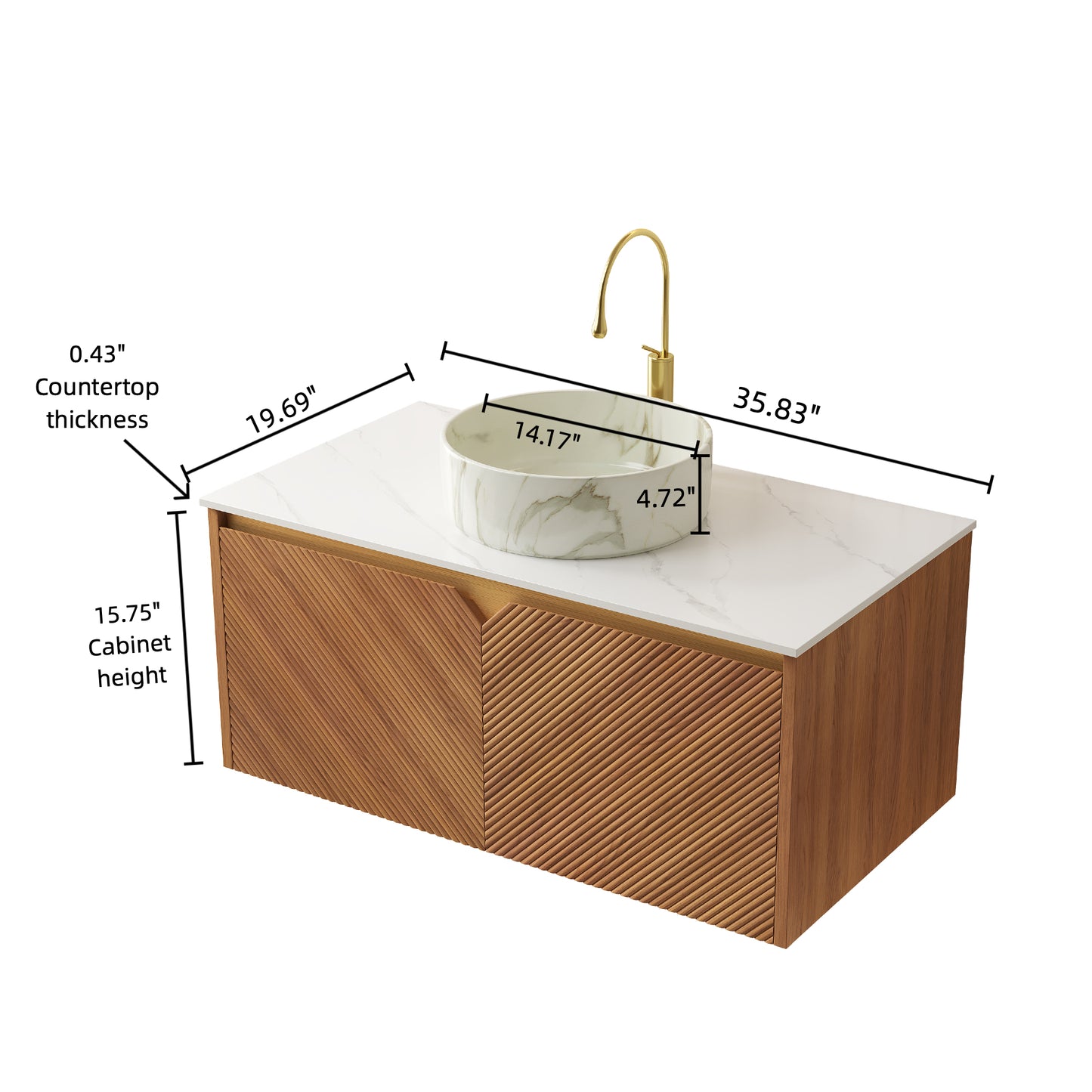 RUBEN 48" Bathroom Vanity&Sink, Floating Plywood Storage Cabinet,  Stone Pattern White Round Ceramic Vessel Basin