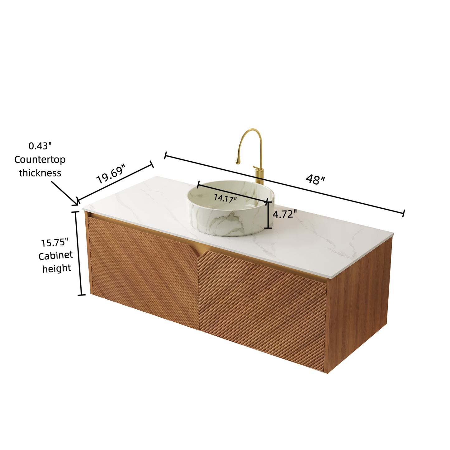 RUBEN 48" Bathroom Vanity&Sink, Floating Plywood Storage Cabinet,  Stone Pattern White Round Ceramic Vessel Basin