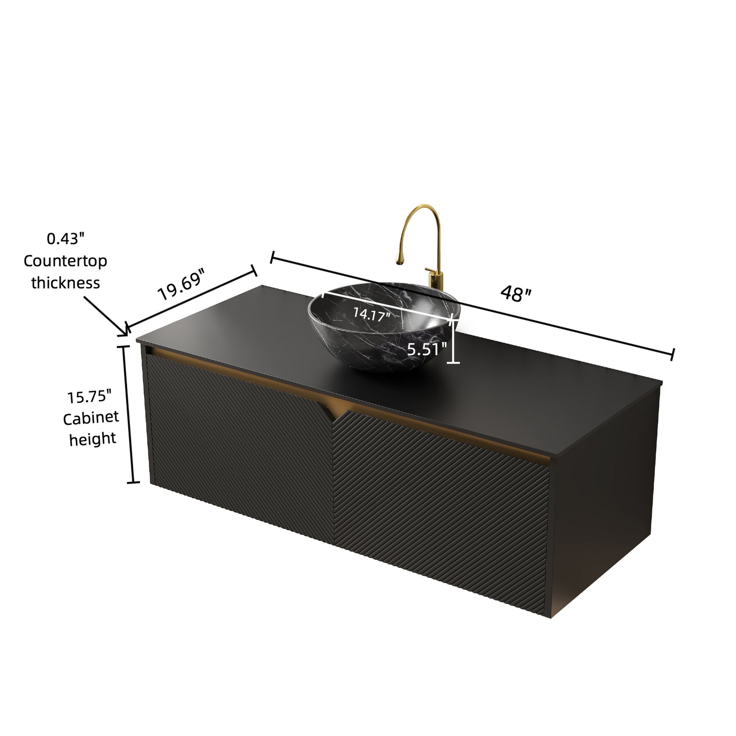 RUBEN 48" Bathroom Vanity&Sink, Wall-Mounted Floating Plywood Storage Cabinet, Black,Black Bowl Ceramic Vessel Basin