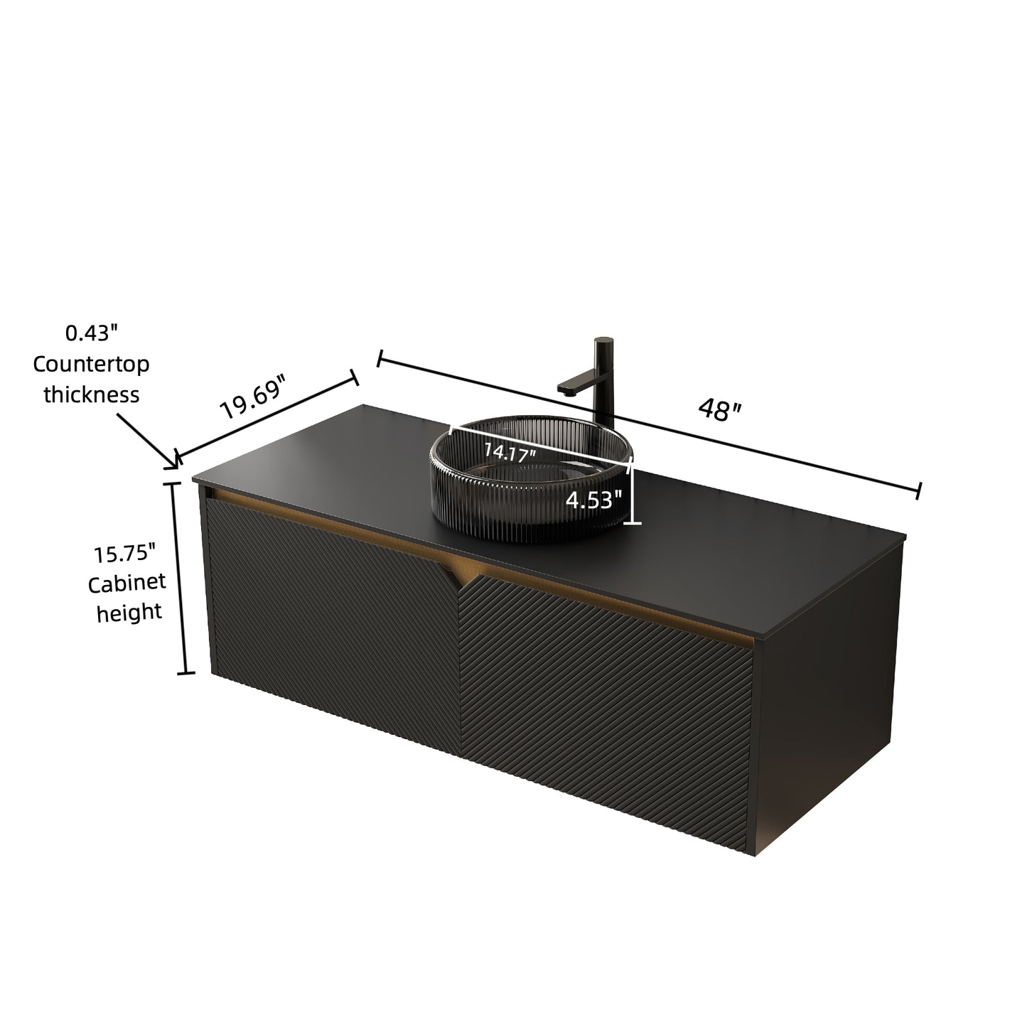 RUBEN 48" Bathroom Vanity with Sink, Wall-Mounted Floating Plywood Storage Cabinet, Black , Transparent Black Round Glass Basin