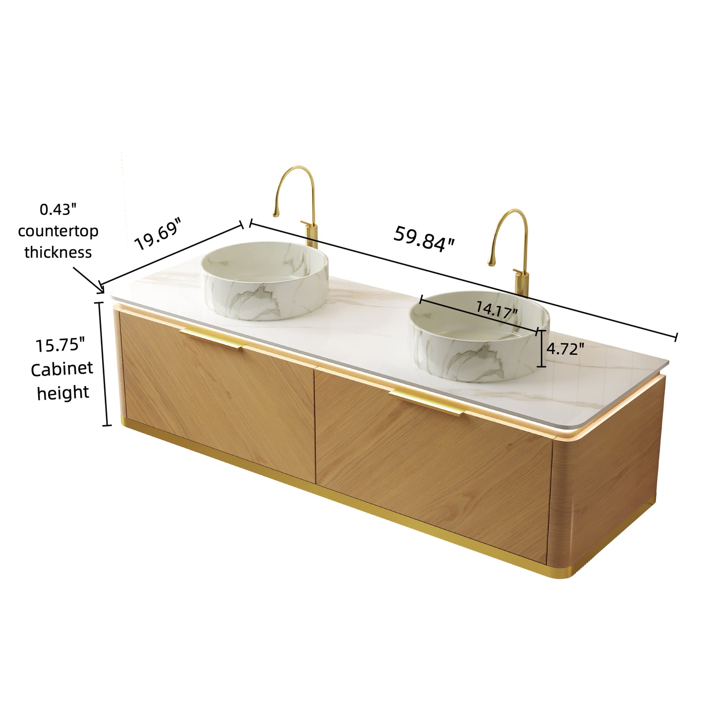 DIPA 60" Badezimmer-Waschtisch und Waschbecken, schwebender Sperrholz-Aufbewahrungsschrank mit Schublade, Eichenholzmaserung