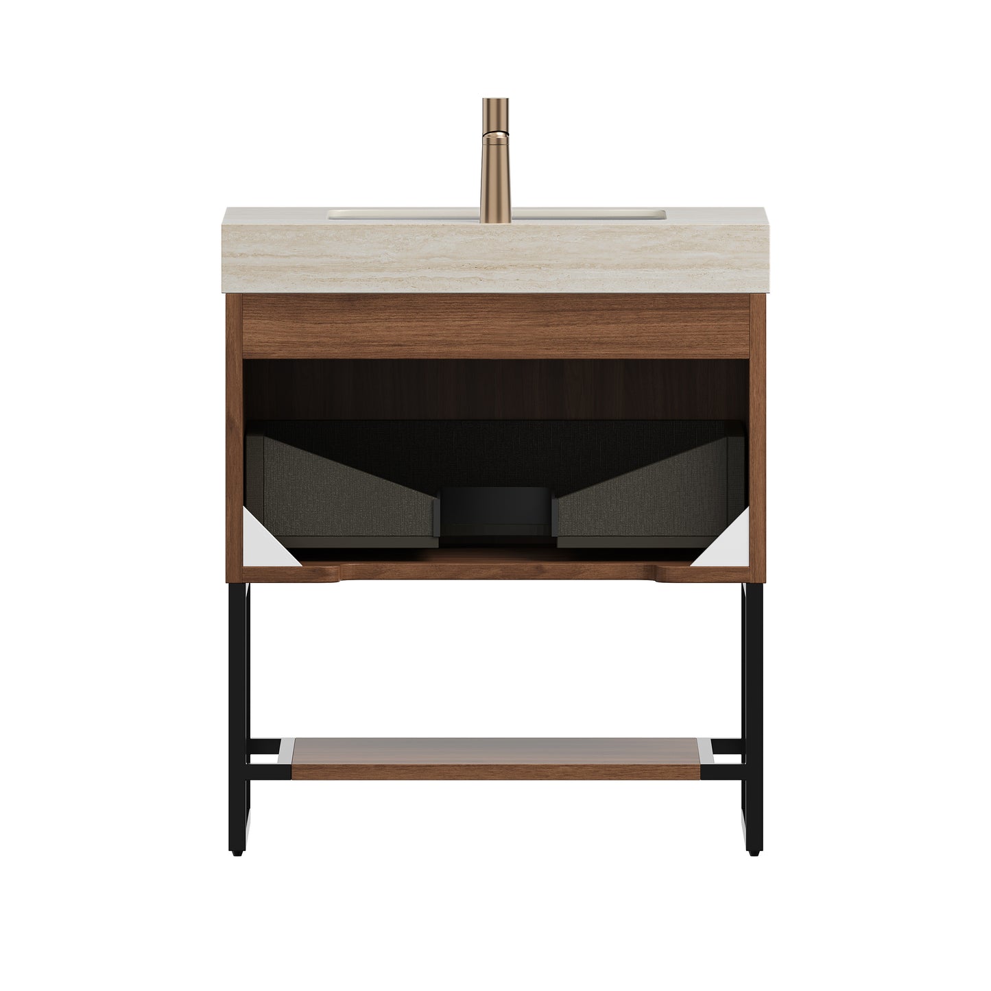 YOLAN 30" Bathroom Vanity&Sink, Freestanding Striped Plywood Storage Cabinet with Drawer&Open Shelf, Roma Travertine Sintered Stone Top&Undermount Ceramic Basin, Pre-assembled, Dark Walnut Woodgrain