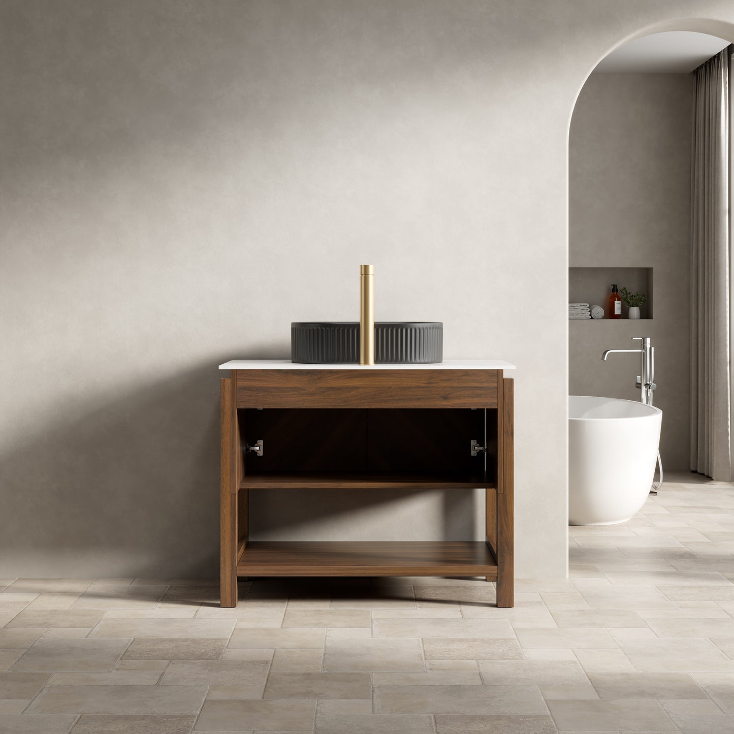 INDIGO 36" Bathroom Vanity&Sink, Freestanding Plywood Storage Cabinet with 2 Diagonal Striped Doors&Open Shelf, Black Striped Oval Ceramic Basin&Carrara White Sintered Stone Top, Dark Walnut Woodgrain