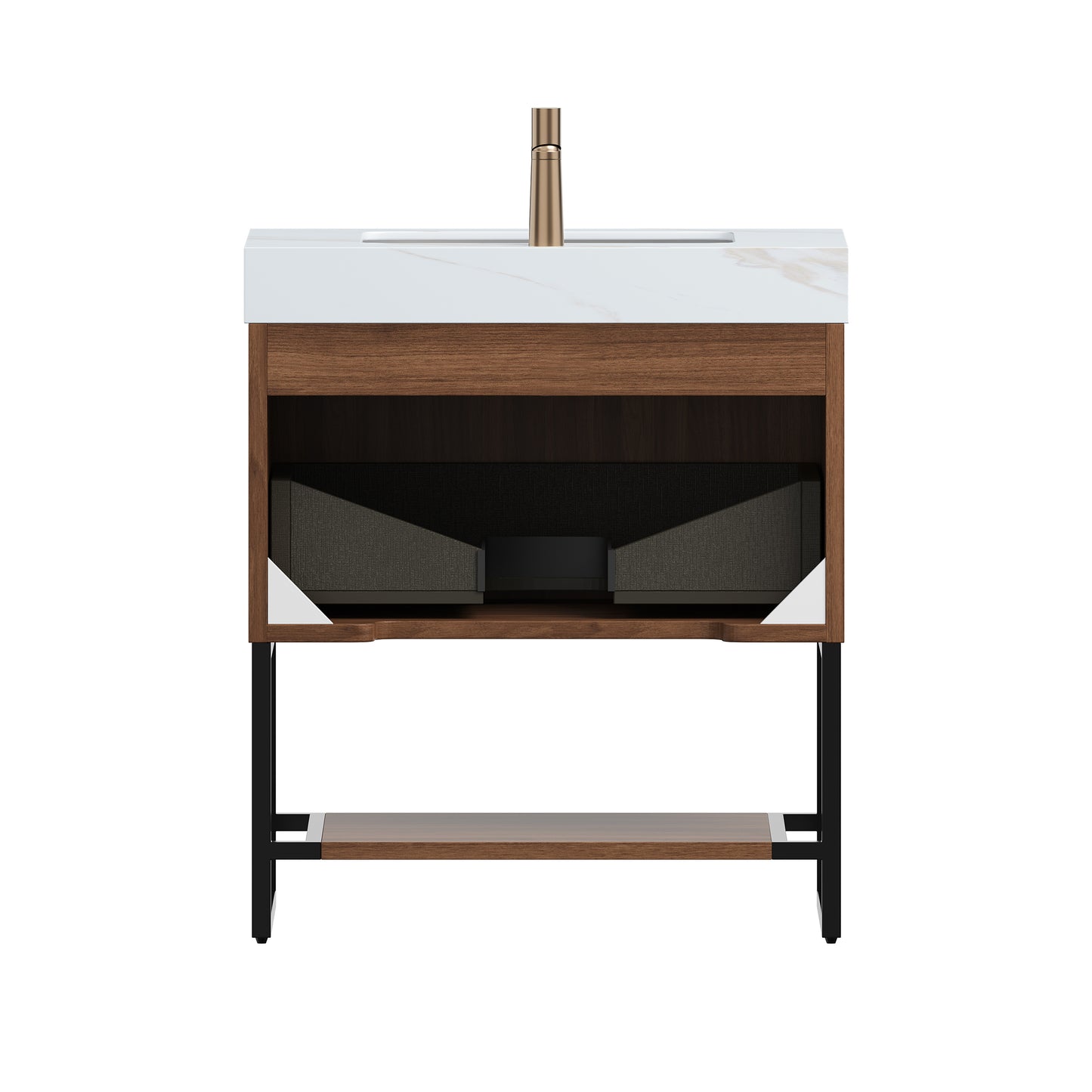 YOLAN 30" Bathroom Vanity&Sink, Freestanding Striped Plywood Storage Cabinet with Drawer&Open Shelf, Roma Travertine Sintered Stone Top&Undermount Ceramic Basin, Pre-assembled, Dark Walnut Woodgrain