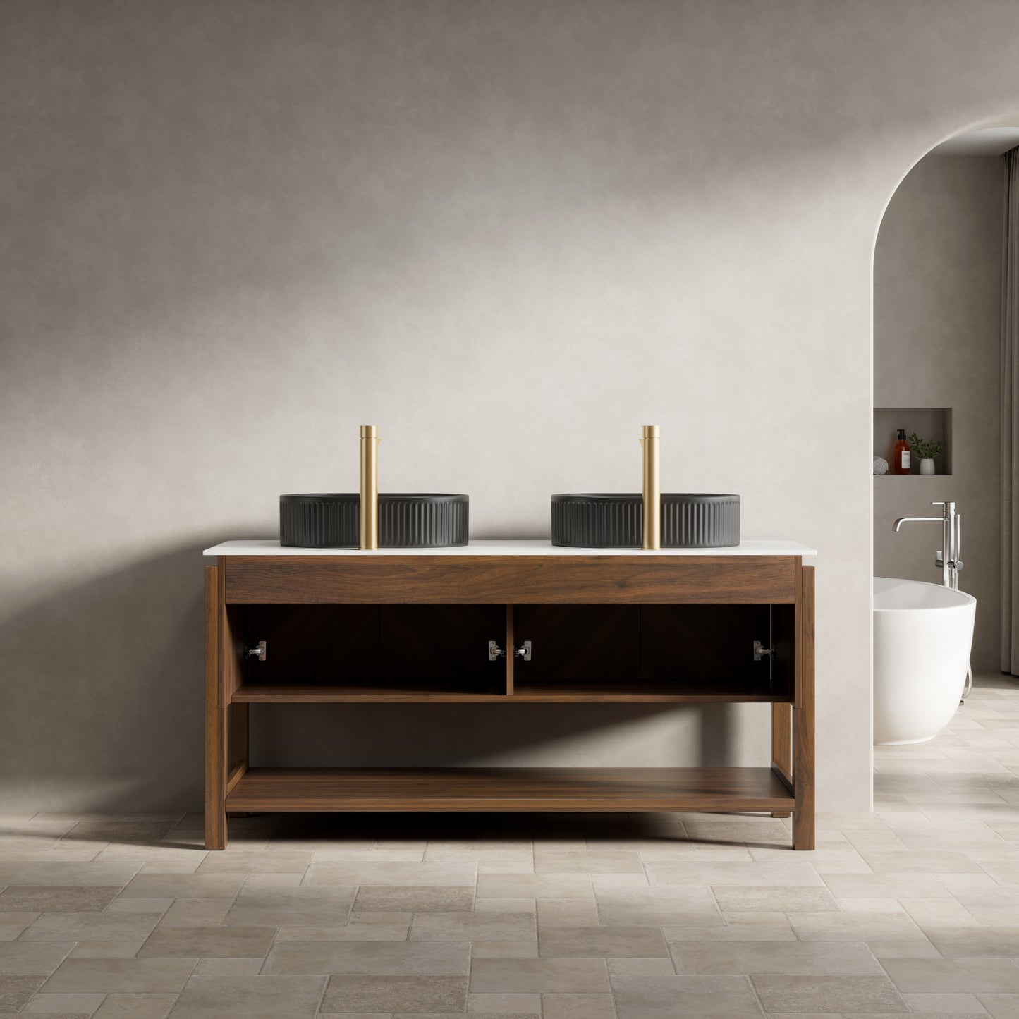 INDIGO 36" Bathroom Vanity&Sink, Freestanding Plywood Storage Cabinet with 2 Diagonal Striped Doors&Open Shelf, Black Striped Oval Ceramic Basin&Carrara White Sintered Stone Top, Dark Walnut Woodgrain