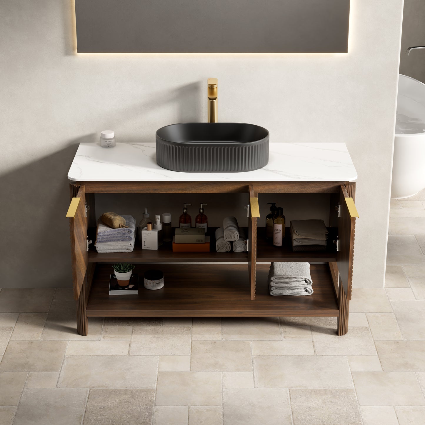 INDIGO 36" Bathroom Vanity&Sink, Freestanding Plywood Storage Cabinet with 2 Diagonal Striped Doors&Open Shelf, Black Striped Oval Ceramic Basin&Carrara White Sintered Stone Top, Dark Walnut Woodgrain