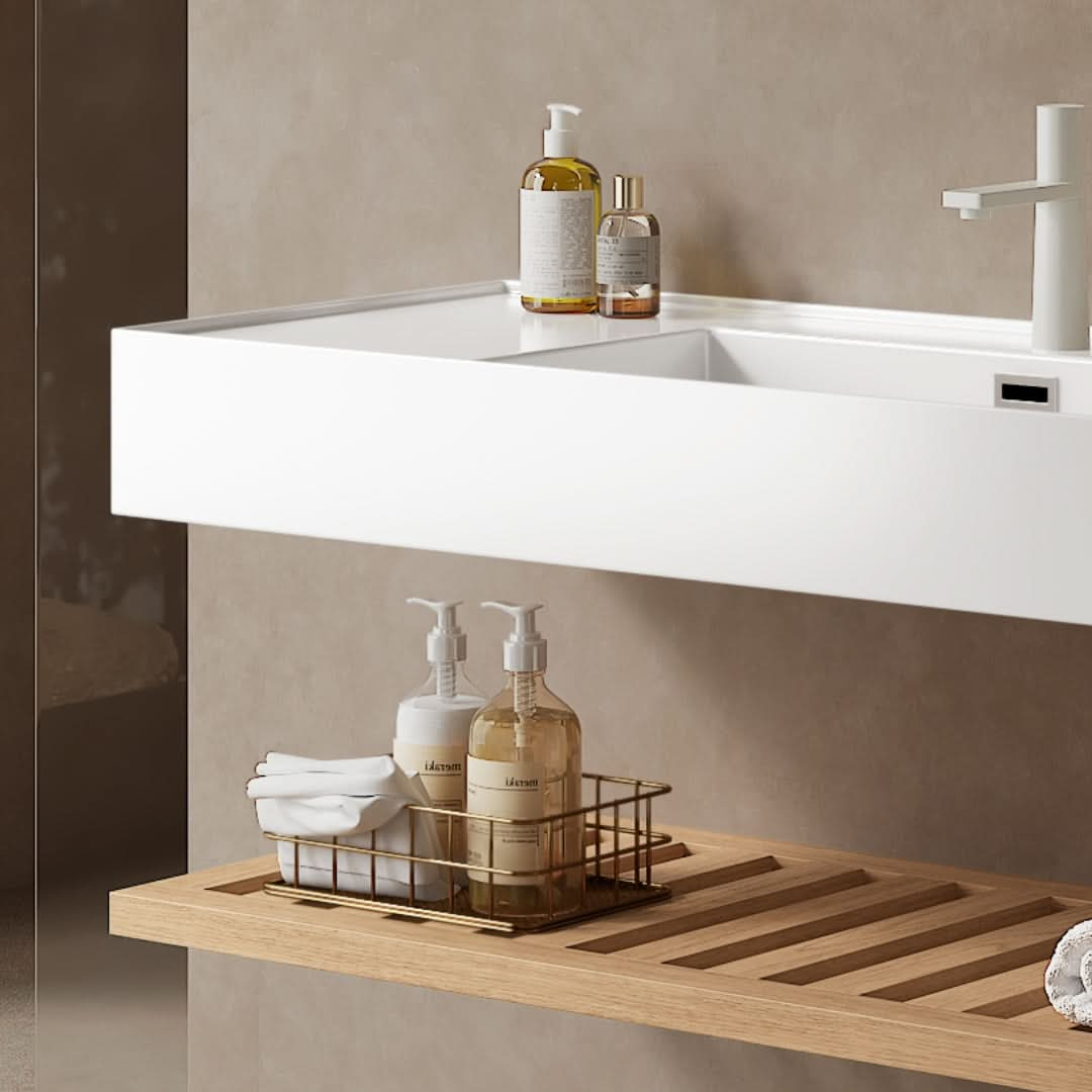 LEDE Bathroom Vanity with Vessel Sink, Wall-Mounted Floating White Rectangular Acrylic Integrated Basin