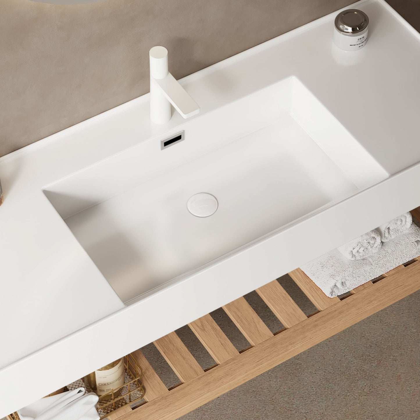 LEDE Bathroom Vanity with Vessel Sink, Wall-Mounted Floating White Rectangular Acrylic Integrated Basin