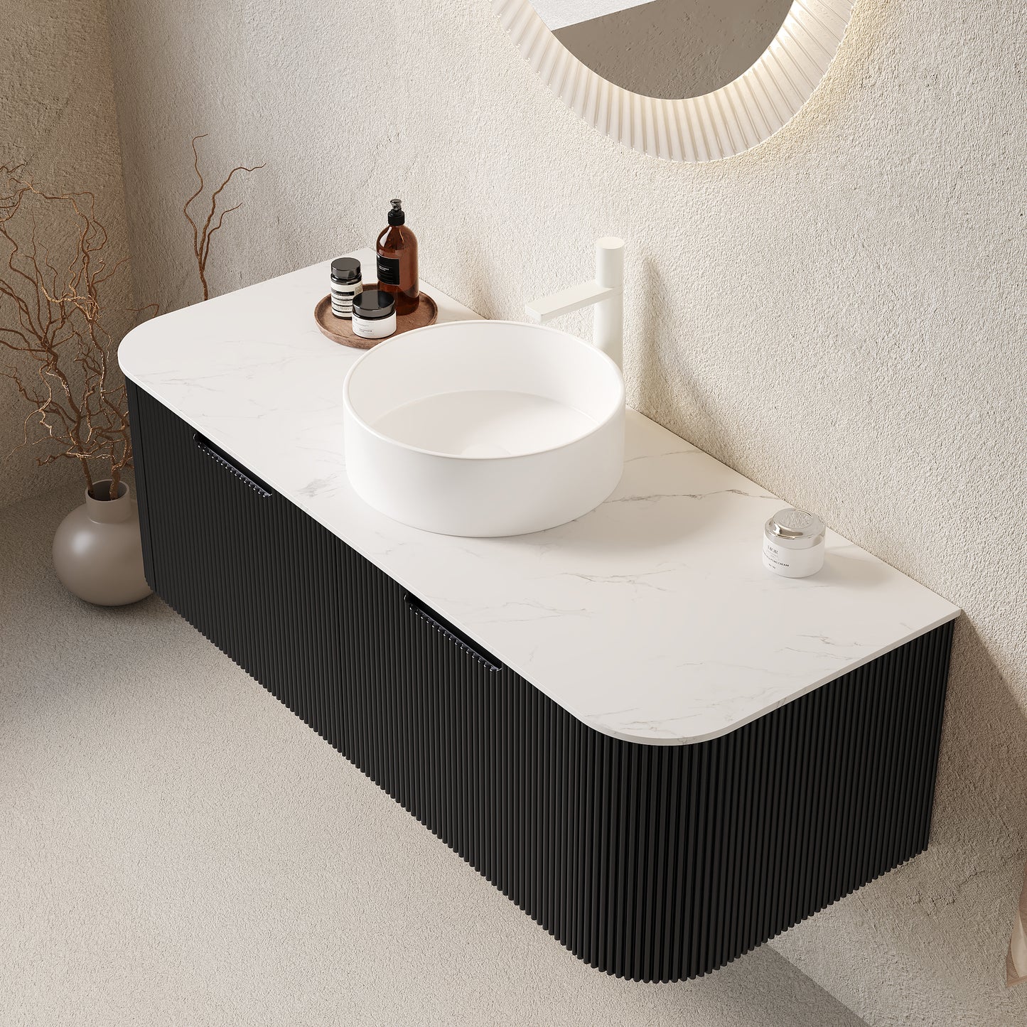 DINA Bathroom Vanity with Sink, Wall-Mounted Curved Edges Striped Storage Cabinet Black Color