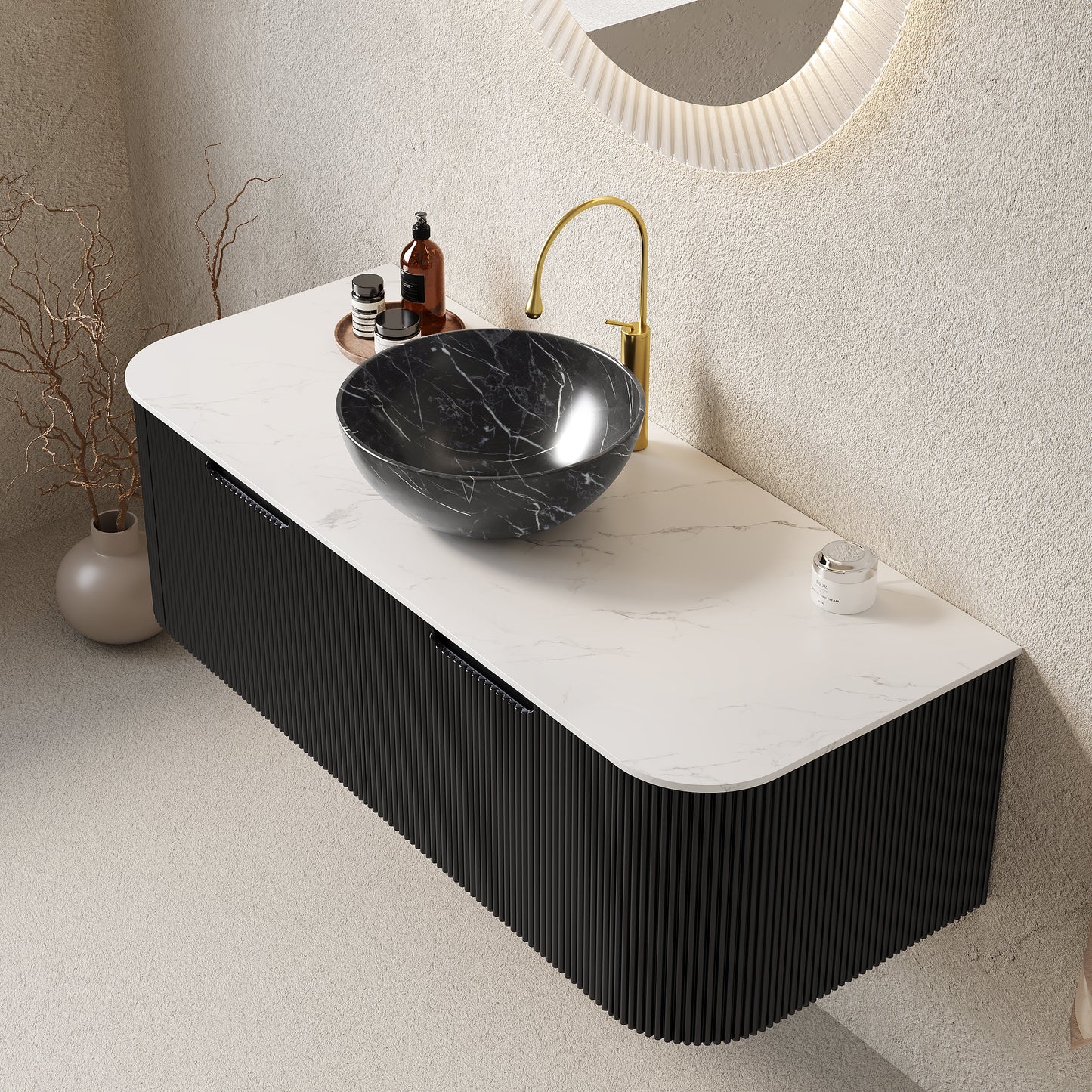 DINA Bathroom Vanity with Sink, Wall-Mounted Curved Edges Striped Storage Cabinet Black Color