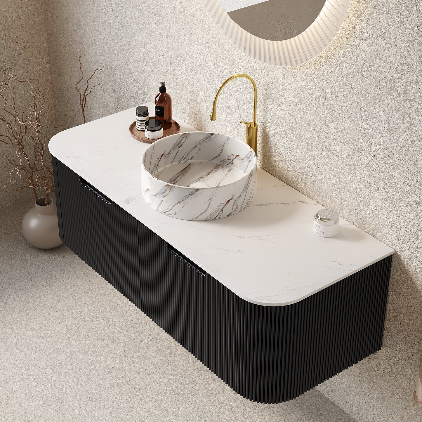 DINA Bathroom Vanity with Sink, Wall-Mounted Curved Edges Striped Storage Cabinet Black Color