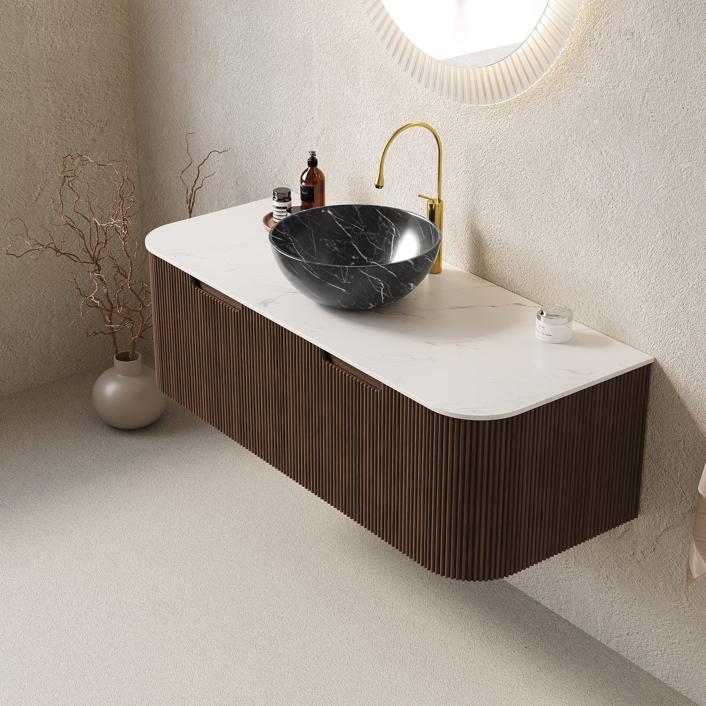 DINA Bathroom Vanity with Sink, Wall-Mounted Curved Edges Striped Bathroom Storage Cabinet Walnut Woodgrain Color