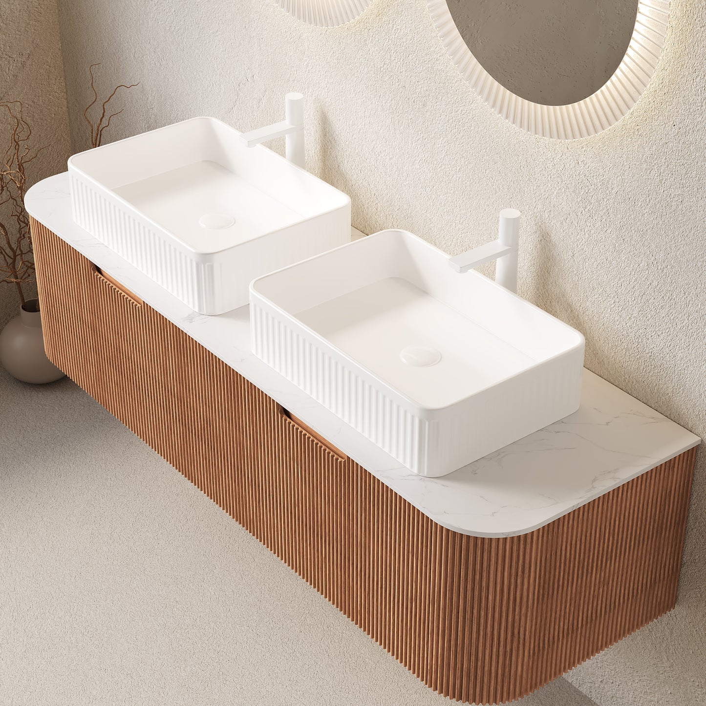 DINA Bathroom Vanity&Sinks, Floating Curved Edges Striped Storage Cabinet, Natural Woodgrain