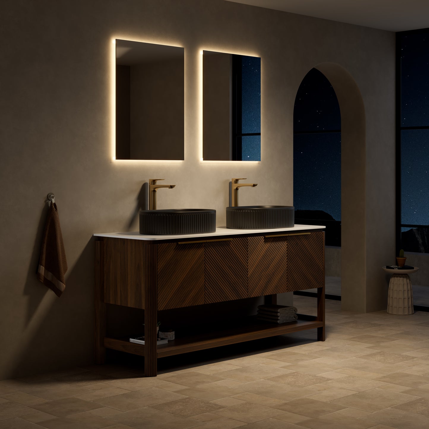 INDIGO 36" Bathroom Vanity&Sink, Freestanding Plywood Storage Cabinet with 2 Diagonal Striped Doors&Open Shelf, Black Striped Oval Ceramic Basin&Carrara White Sintered Stone Top, Dark Walnut Woodgrain