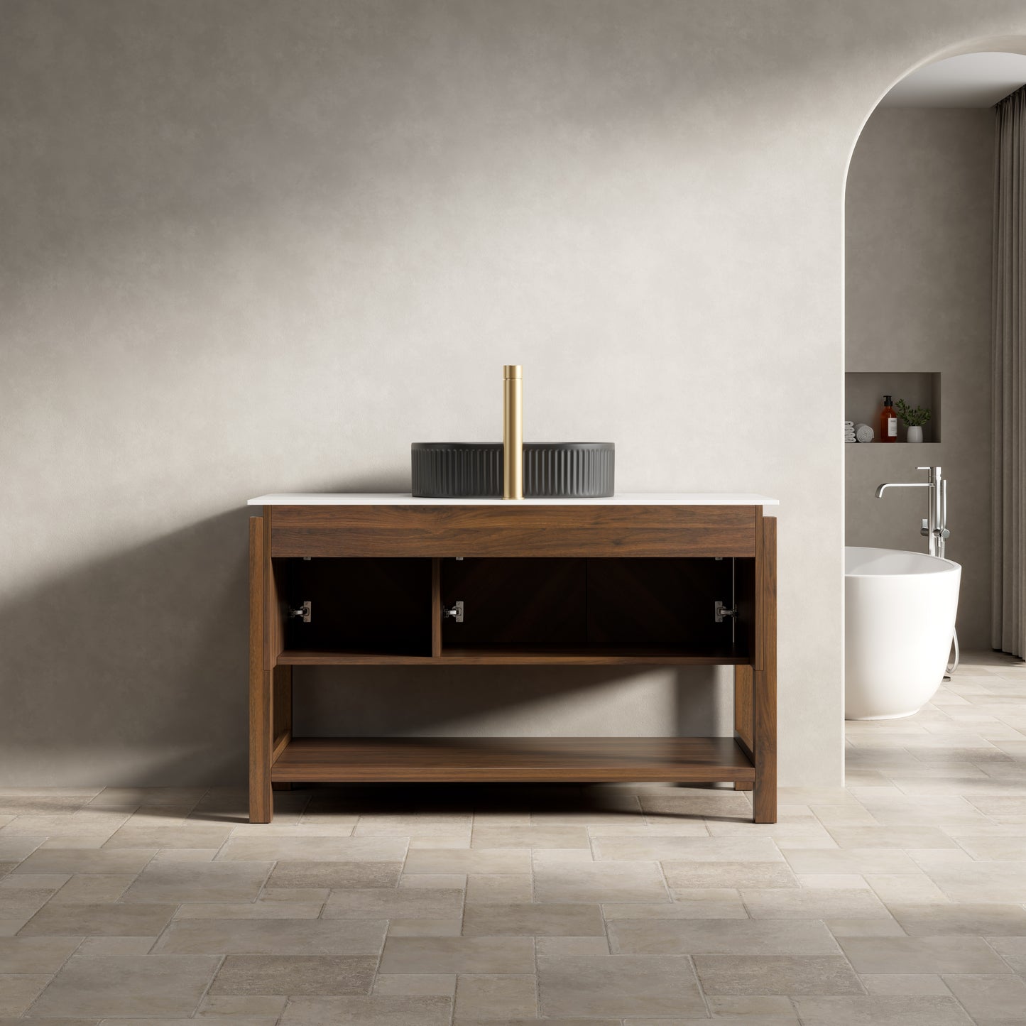 INDIGO 36" Bathroom Vanity&Sink, Freestanding Plywood Storage Cabinet with 2 Diagonal Striped Doors&Open Shelf, Black Striped Oval Ceramic Basin&Carrara White Sintered Stone Top, Dark Walnut Woodgrain