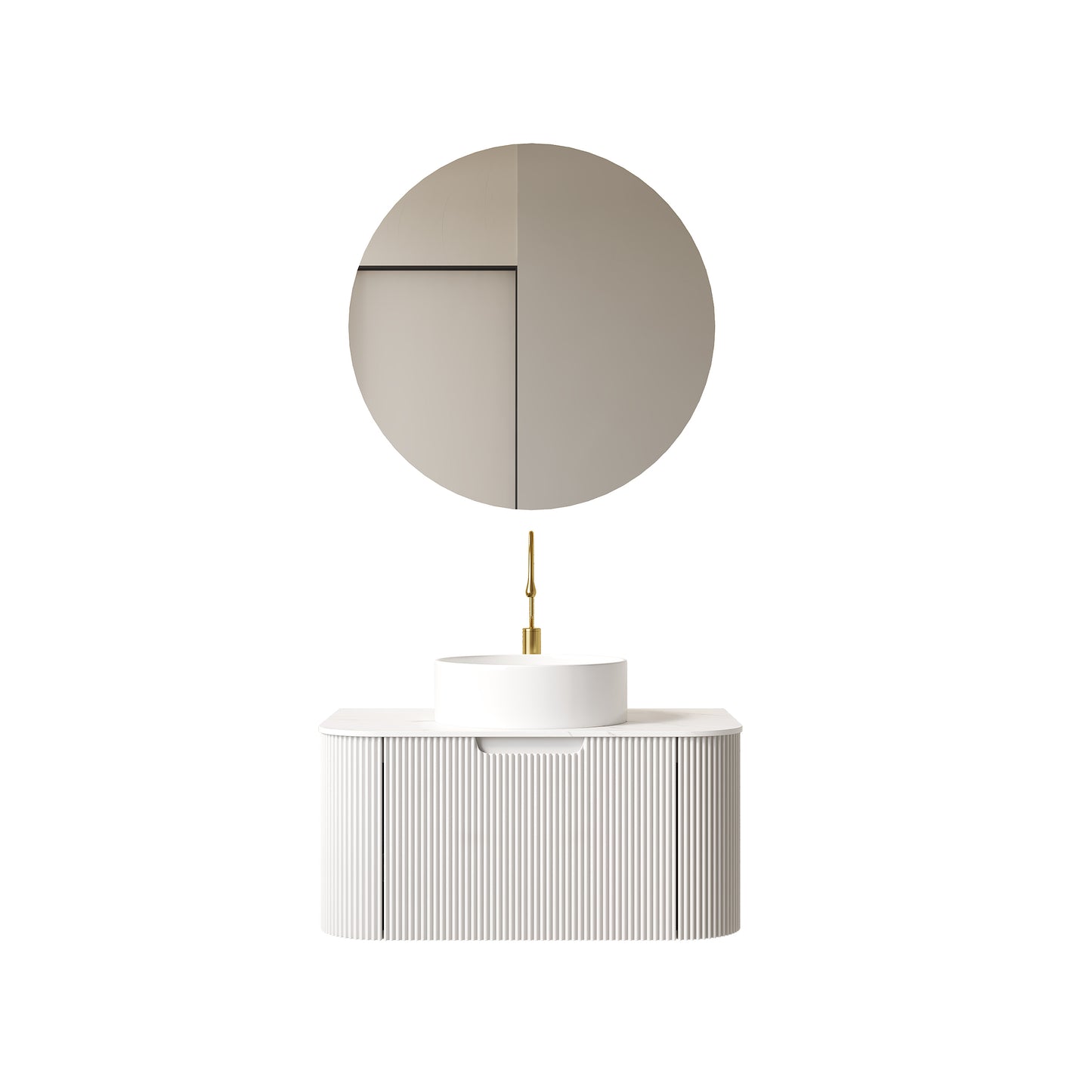 DINA 24" Bathroom Vanity&Sink, Floating Curved Edges Striped Plywood Storage Bathroom Cabinet with Drawer, White Round Ceramic Basin& Carrara White Sintered Stone Top, Pre-assembled, White (New SKU)