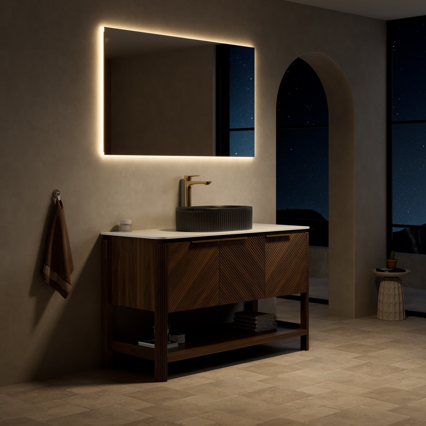INDIGO 36" Bathroom Vanity&Sink, Freestanding Plywood Storage Cabinet with 2 Diagonal Striped Doors&Open Shelf, Black Striped Oval Ceramic Basin&Carrara White Sintered Stone Top, Dark Walnut Woodgrain